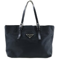 PRADA logo plate tote bag canvas made in Italy black shoulder handbag A4 open with ladies