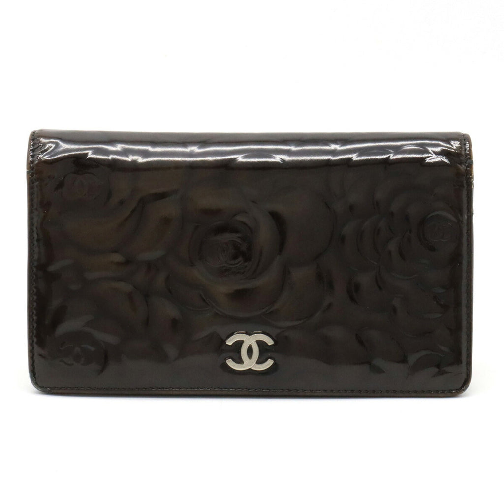 CHANEL Camellia Motif Here Mark Bifold Patent Leather Enamel Black A36544