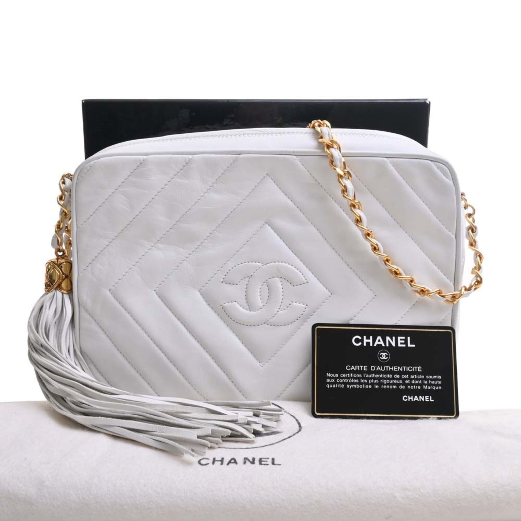 CHANEL Leather Coco Mark Chain Shoulder Bag White Ladies