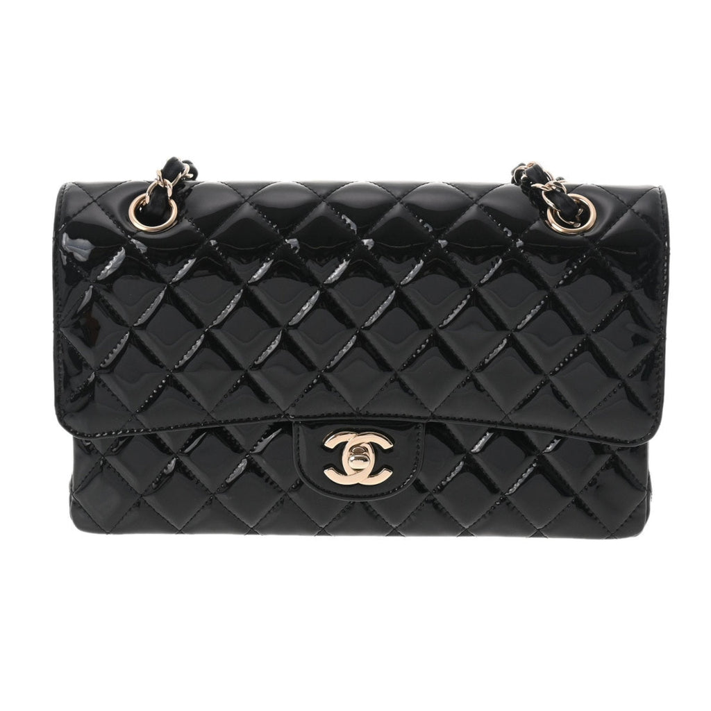 CHANEL matelasse W flap chain shoulder 25 black champagne ladies patent leather bag