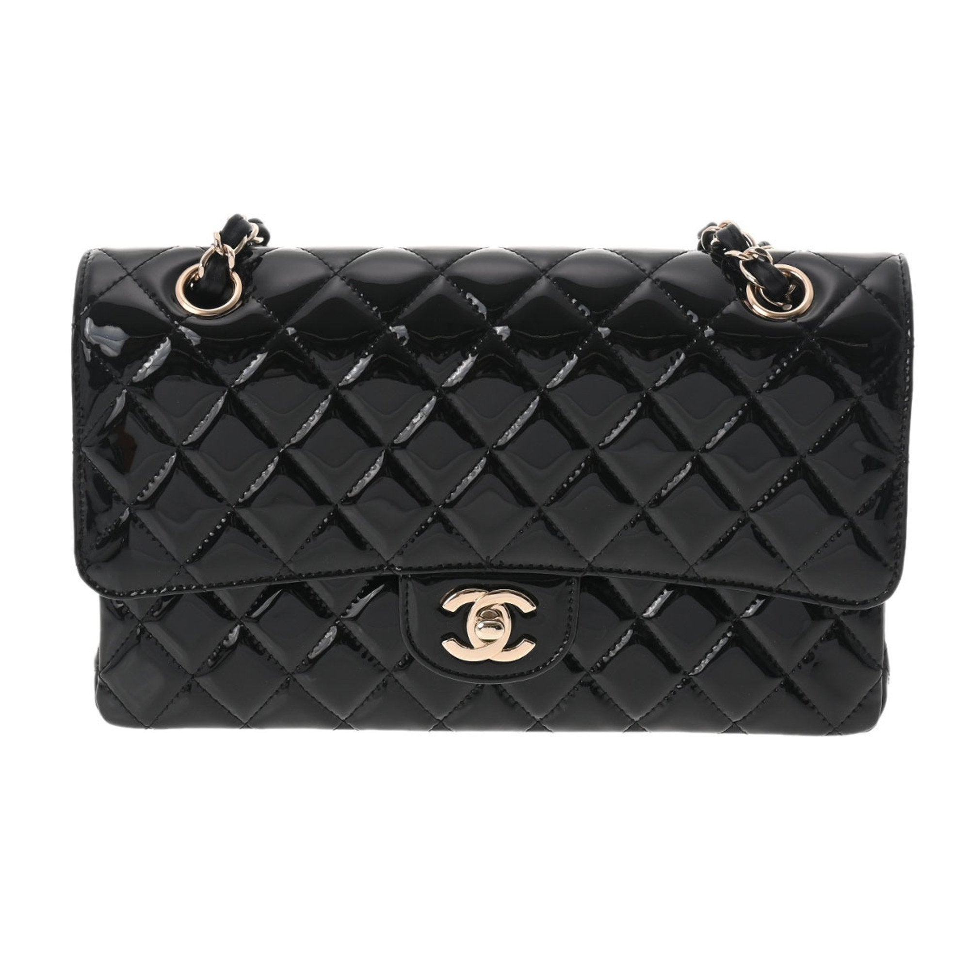 CHANEL matelasse W flap chain shoulder 25 black champagne ladies patent leather bag
