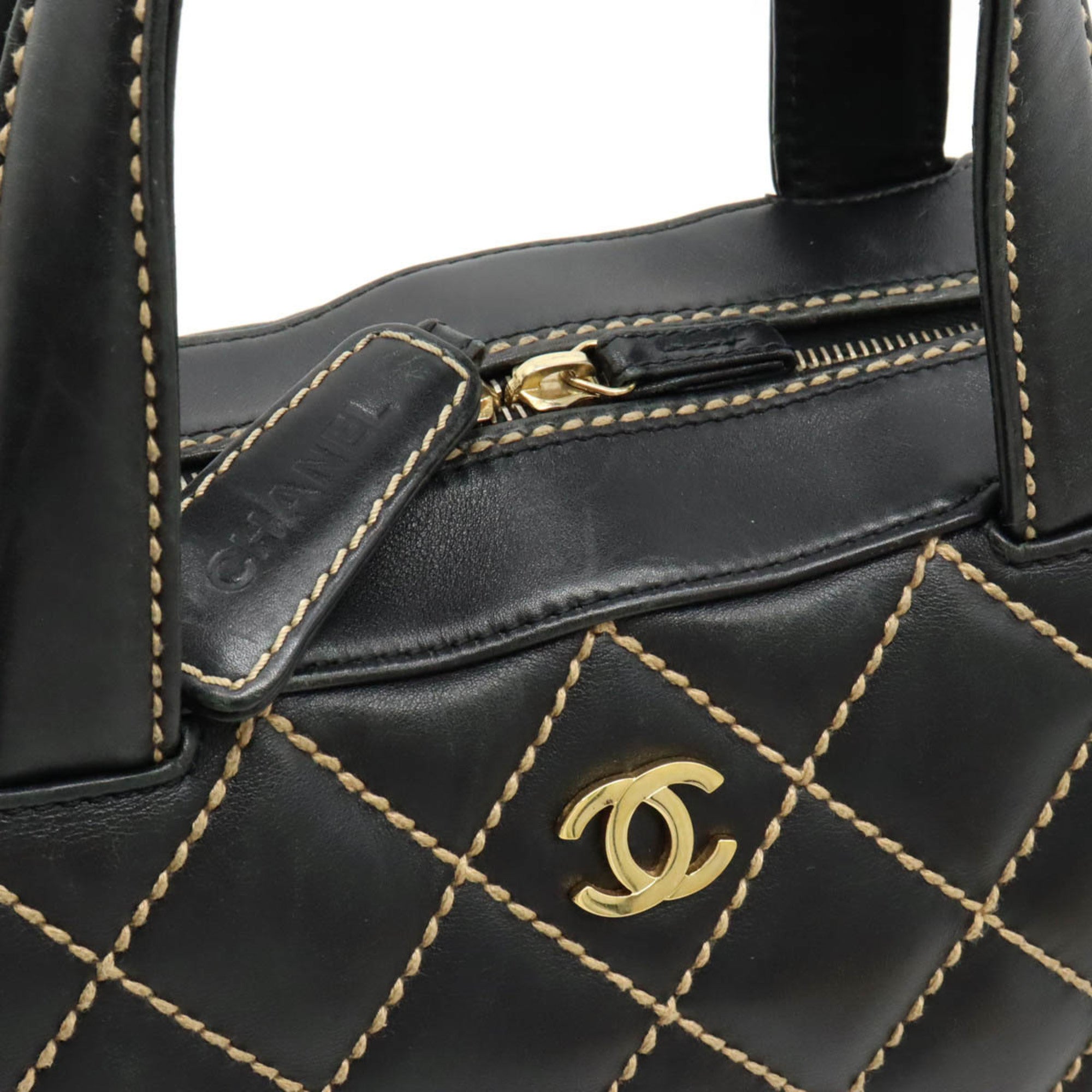 CHANEL Wild Stitch Handbag Boston Bag Leather Black A14692