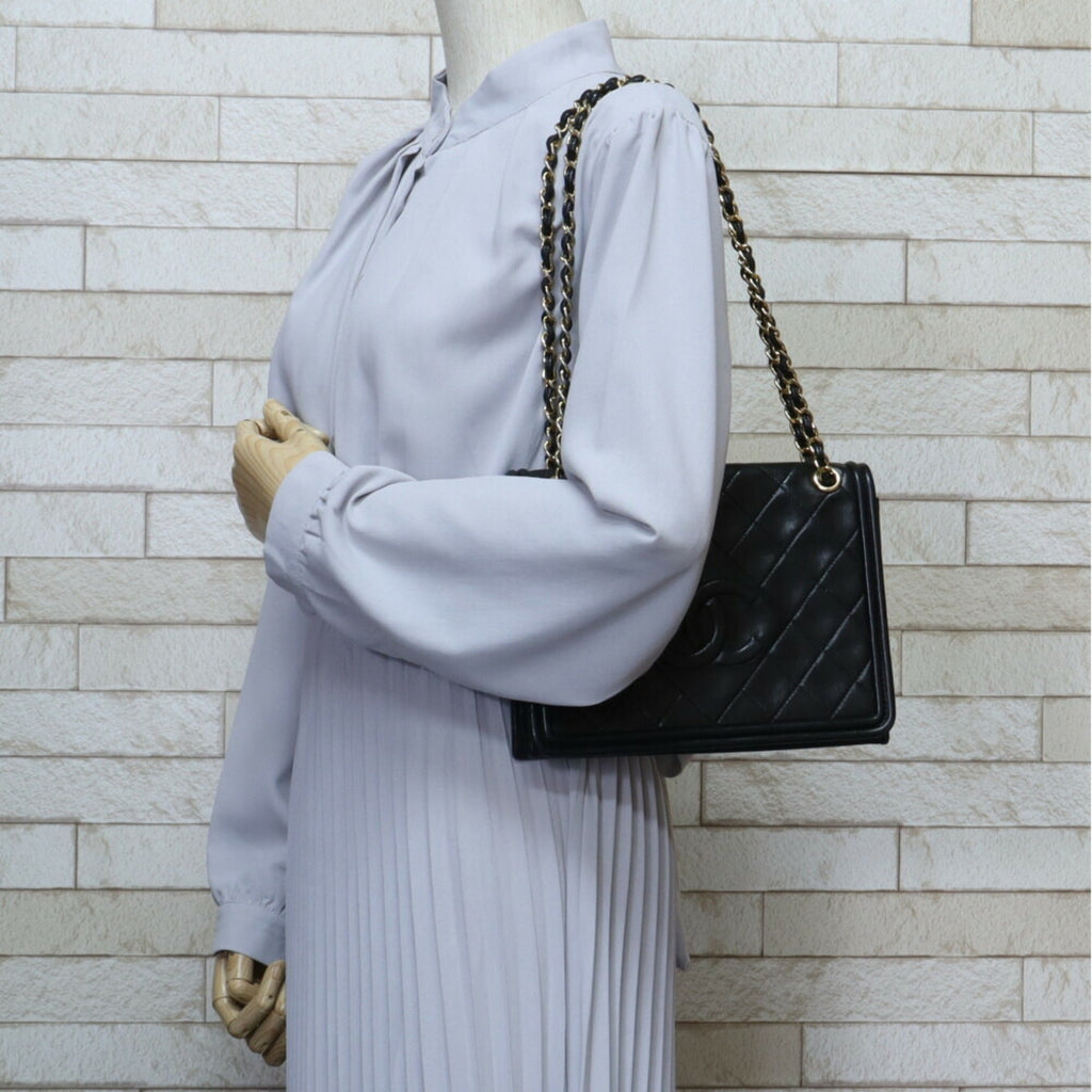CHANEL chain matelasse shoulder bag lambskin black ladies