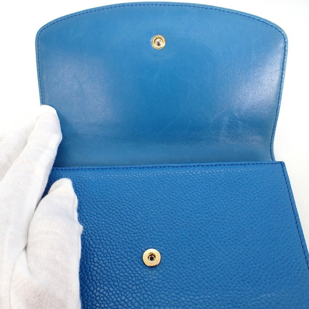 CHANEL here mark caviar skin tri-fold wallet blue with seal No. 5