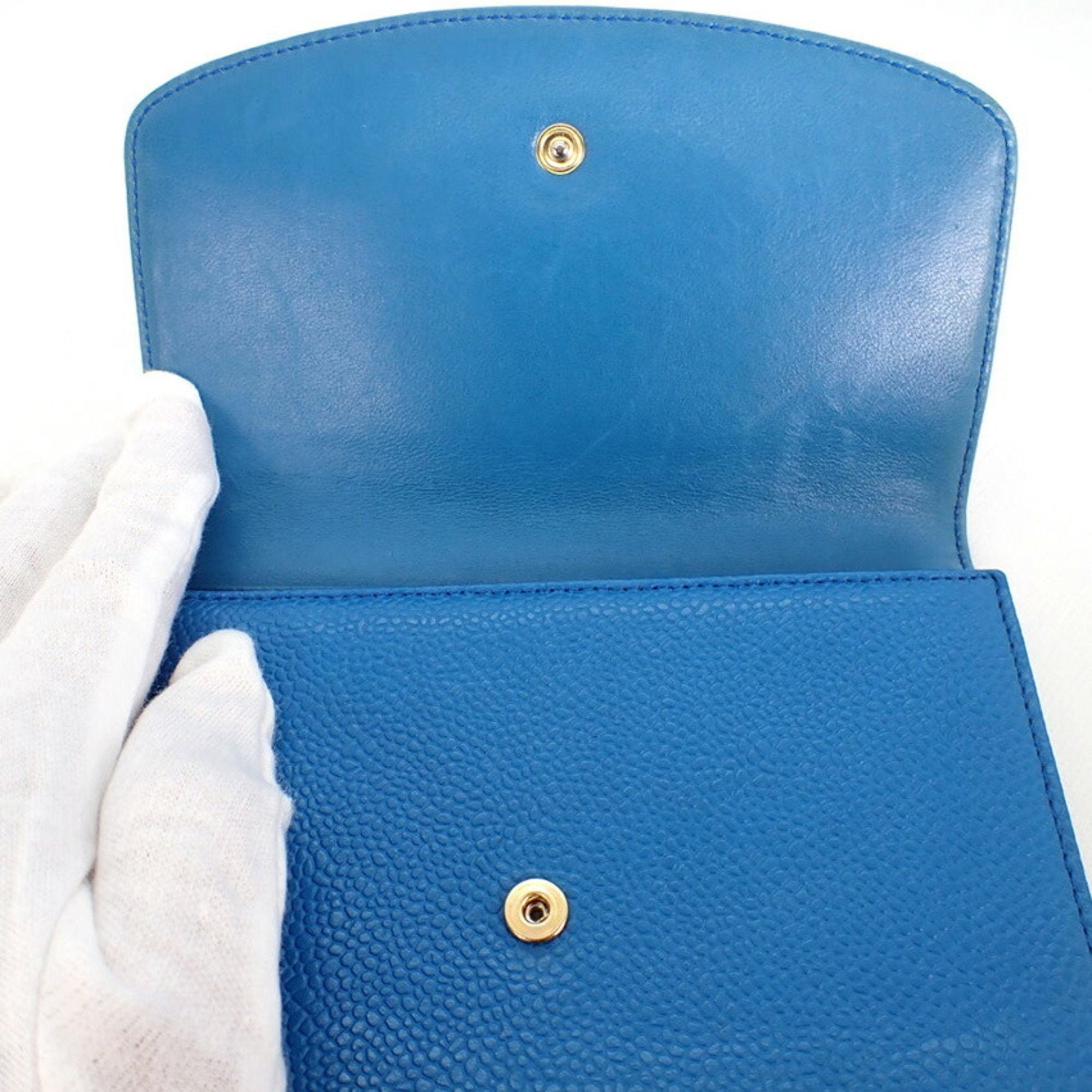 CHANEL here mark caviar skin tri-fold wallet blue with seal No. 5