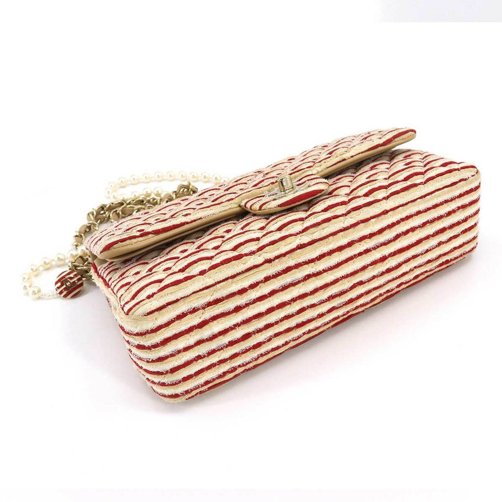 CHANEL Coco Sailor Matelasse Chain Shoulder Bag Pearl Strap Canvas Leather Beige Red Border A90100