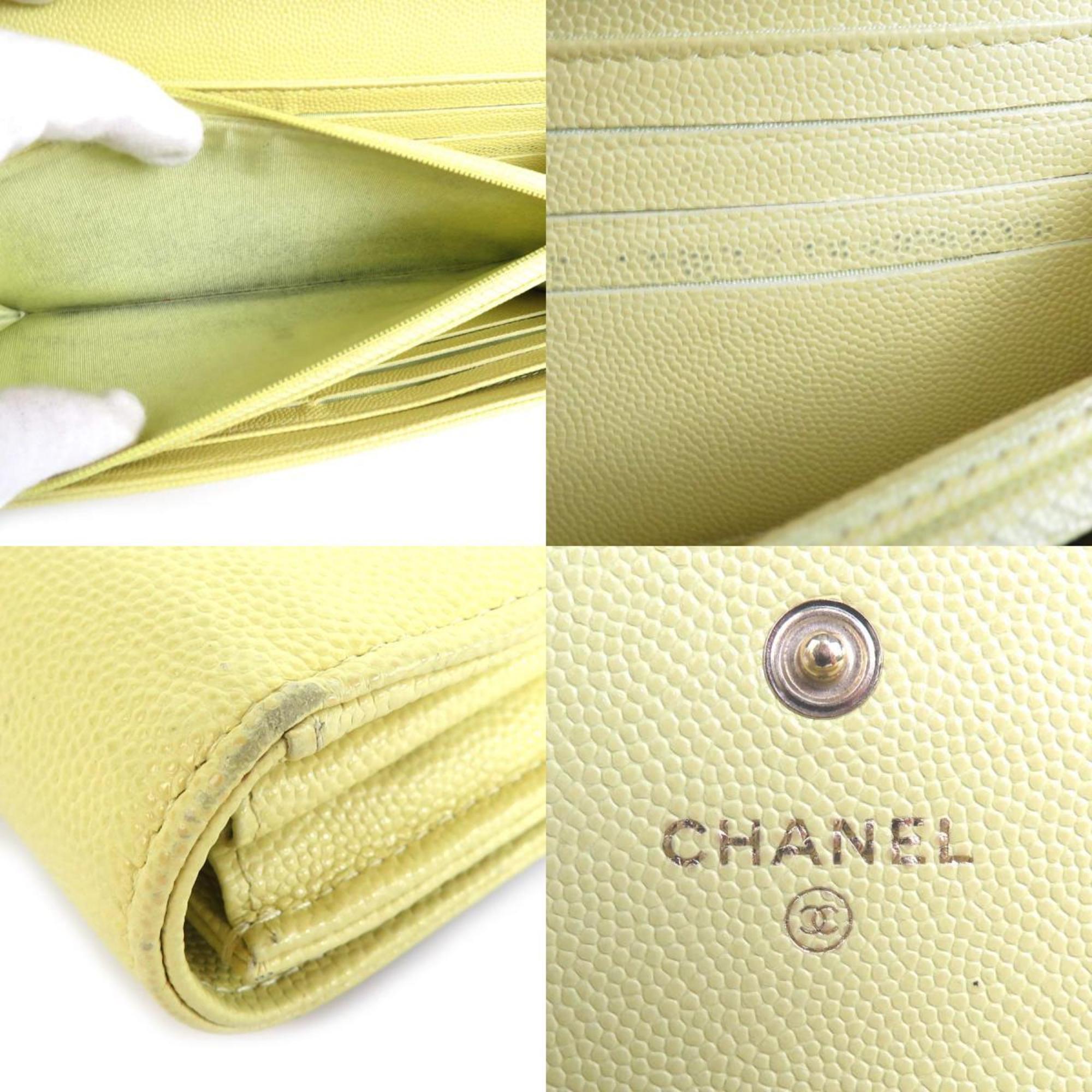 CHANEL Long Wallet Coco Mark Caviar Skin Leather Light Yellow Women's r9578a