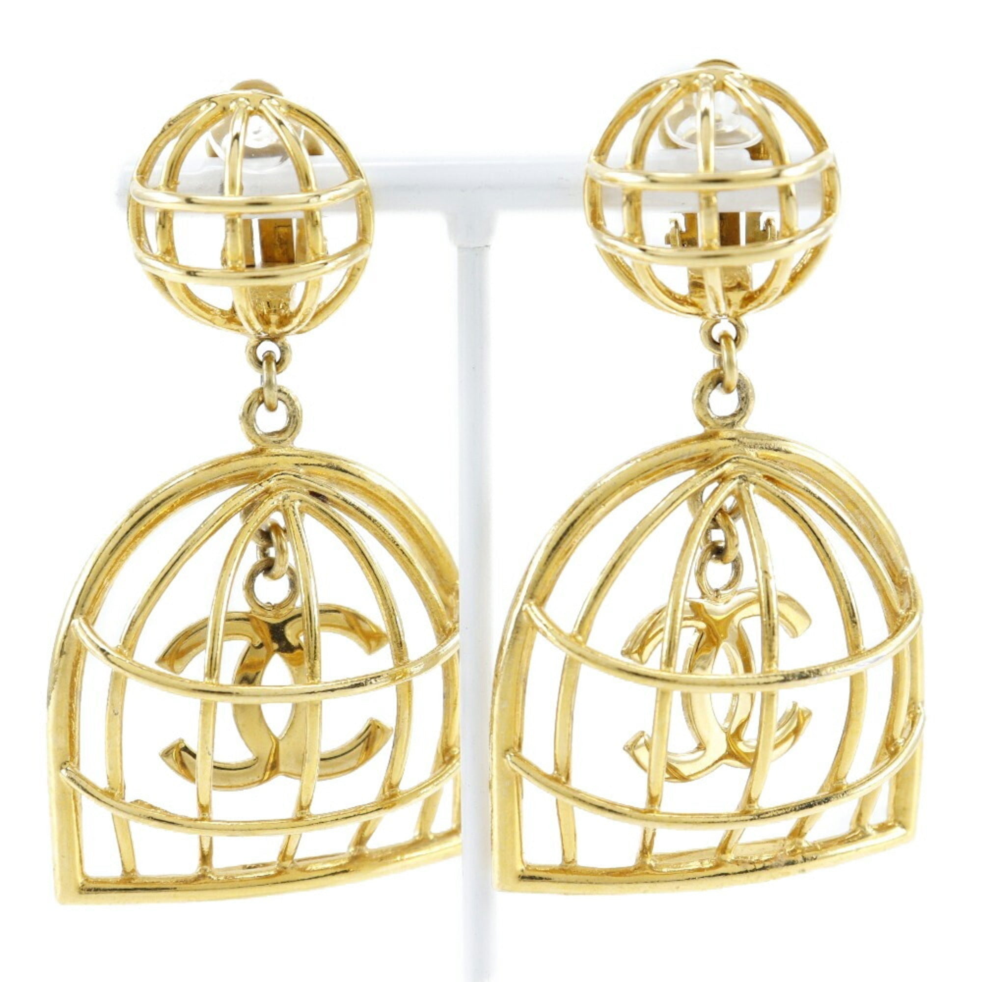 CHANEL Bird Cage Earrings Gold Plated Made in France 1993 93P Women's