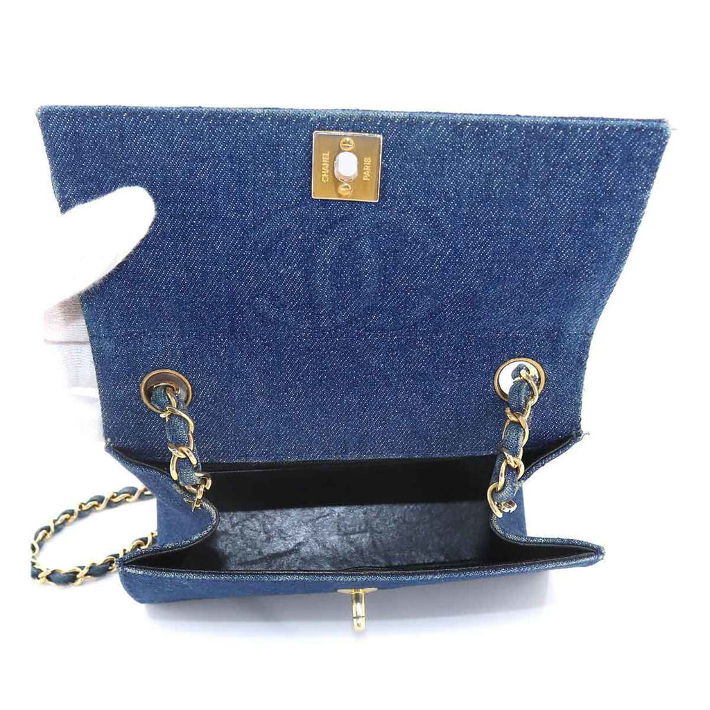 CHANEL Chain Shoulder Bag Denim Blue Gold Hardware Vintage Matelasse