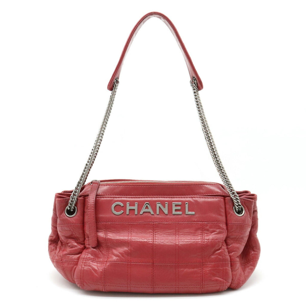 CHANEL Chocolate Bar Chain Shoulder Bag Leather Rose Madder Pink Red
