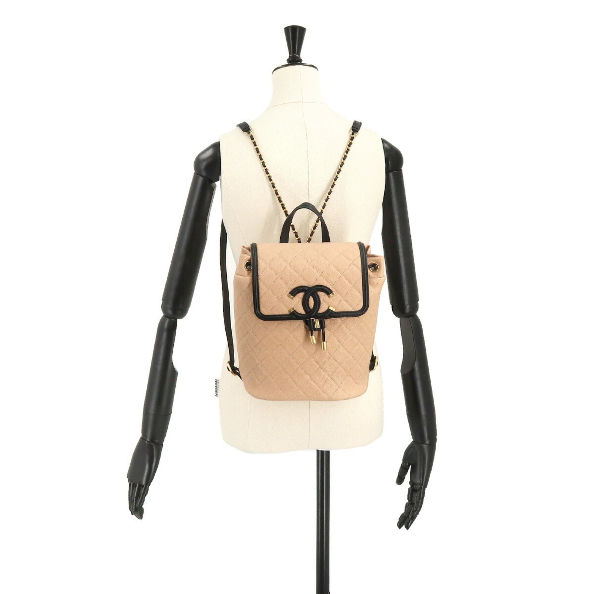 CHANEL CC filigree backpack rucksack caviar skin beige black A57090 Filigree Backpack