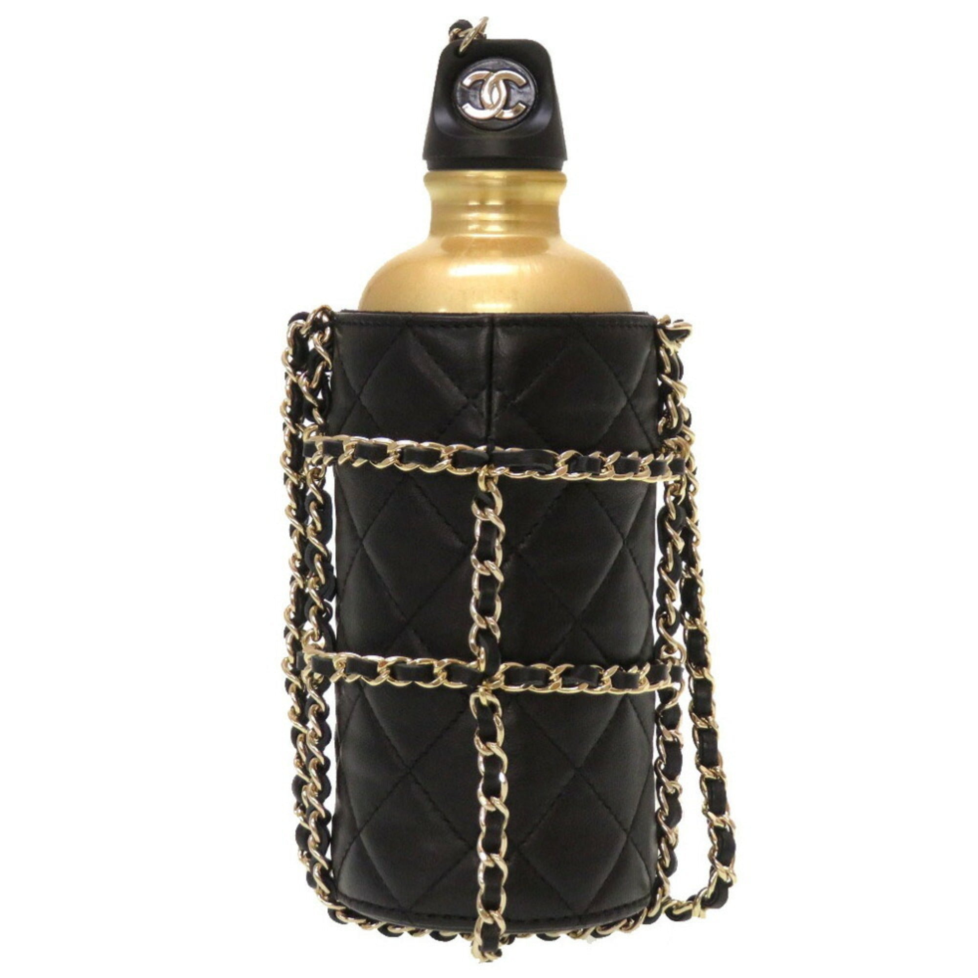 CHANEL Lambskin Black 27th Flask Gold Chain Bottle Holder Matelasse Coco Mark Water Shoulder Bag