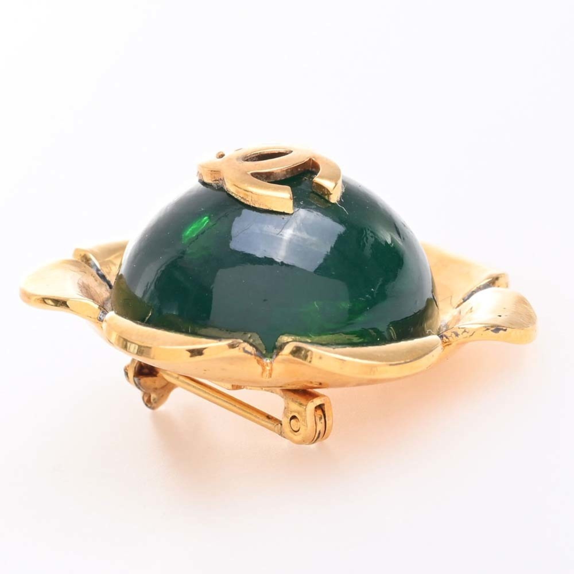 CHANEL Colored Stone Flower Motif Coco Mark Brooch Green Ladies