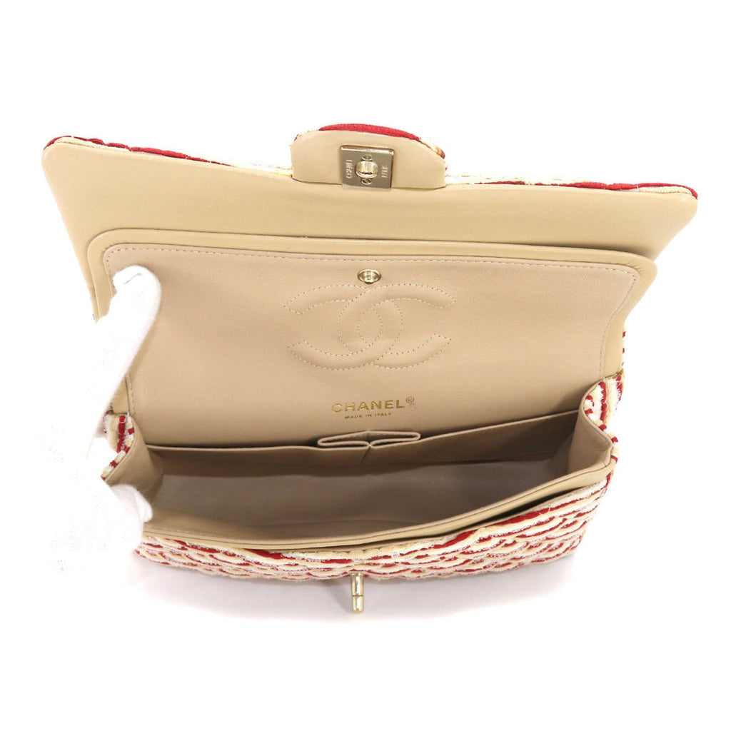 CHANEL Coco Sailor Matelasse Chain Shoulder Bag Pearl Strap Canvas Leather Beige Red Border A90100