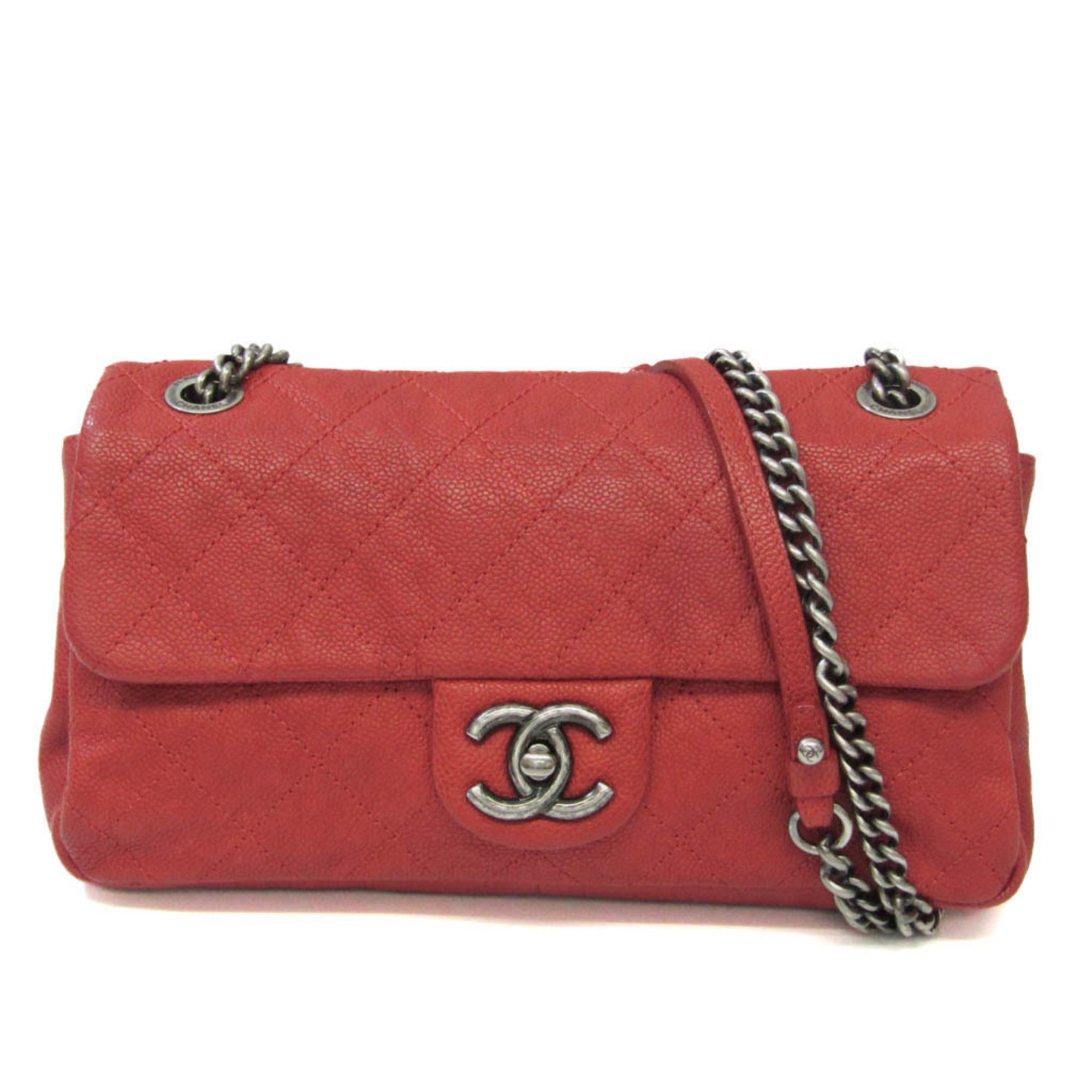 CHANEL Caviar Skin Matelasse Women's Leather Shoulder Bag Red Color