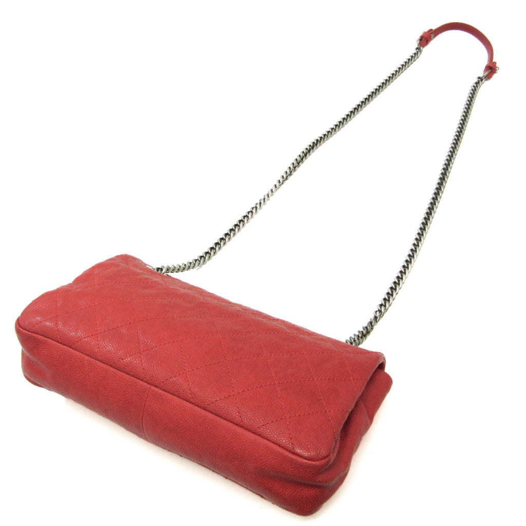 CHANEL Caviar Skin Matelasse Women's Leather Shoulder Bag Red Color