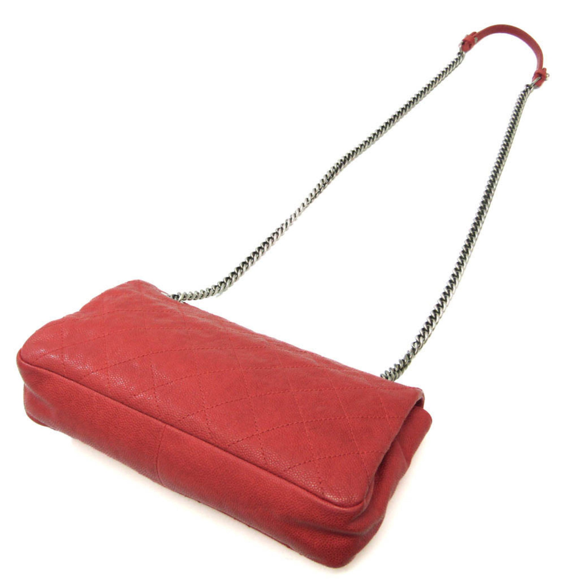 CHANEL Caviar Skin Matelasse Women's Leather Shoulder Bag Red Color