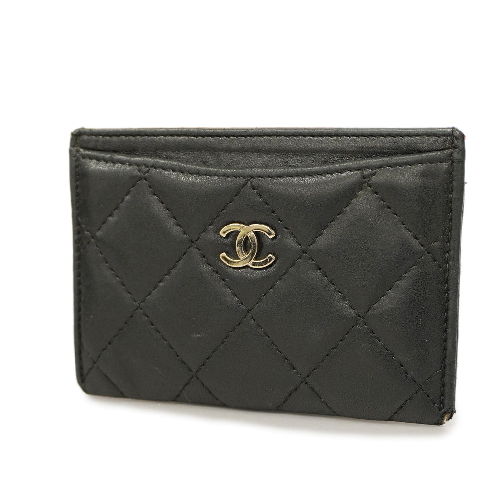 CHANELAuth  Matelasse Card Case Silver Hardware Leather Card Case Black