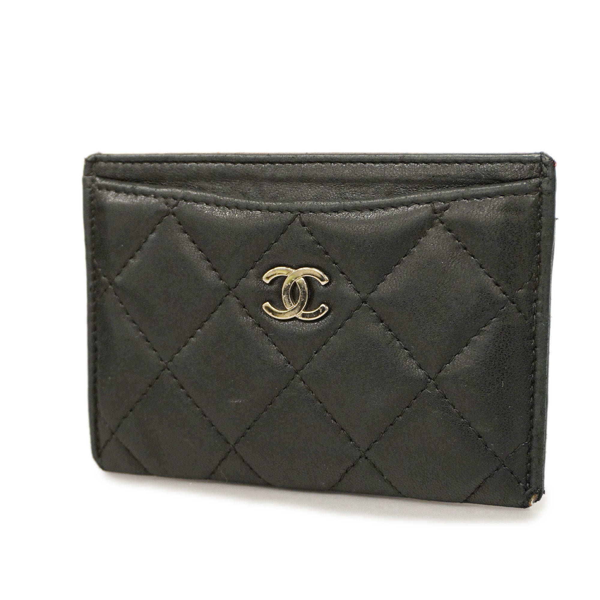 CHANELAuth  Matelasse Card Case Silver Hardware Leather Card Case Black