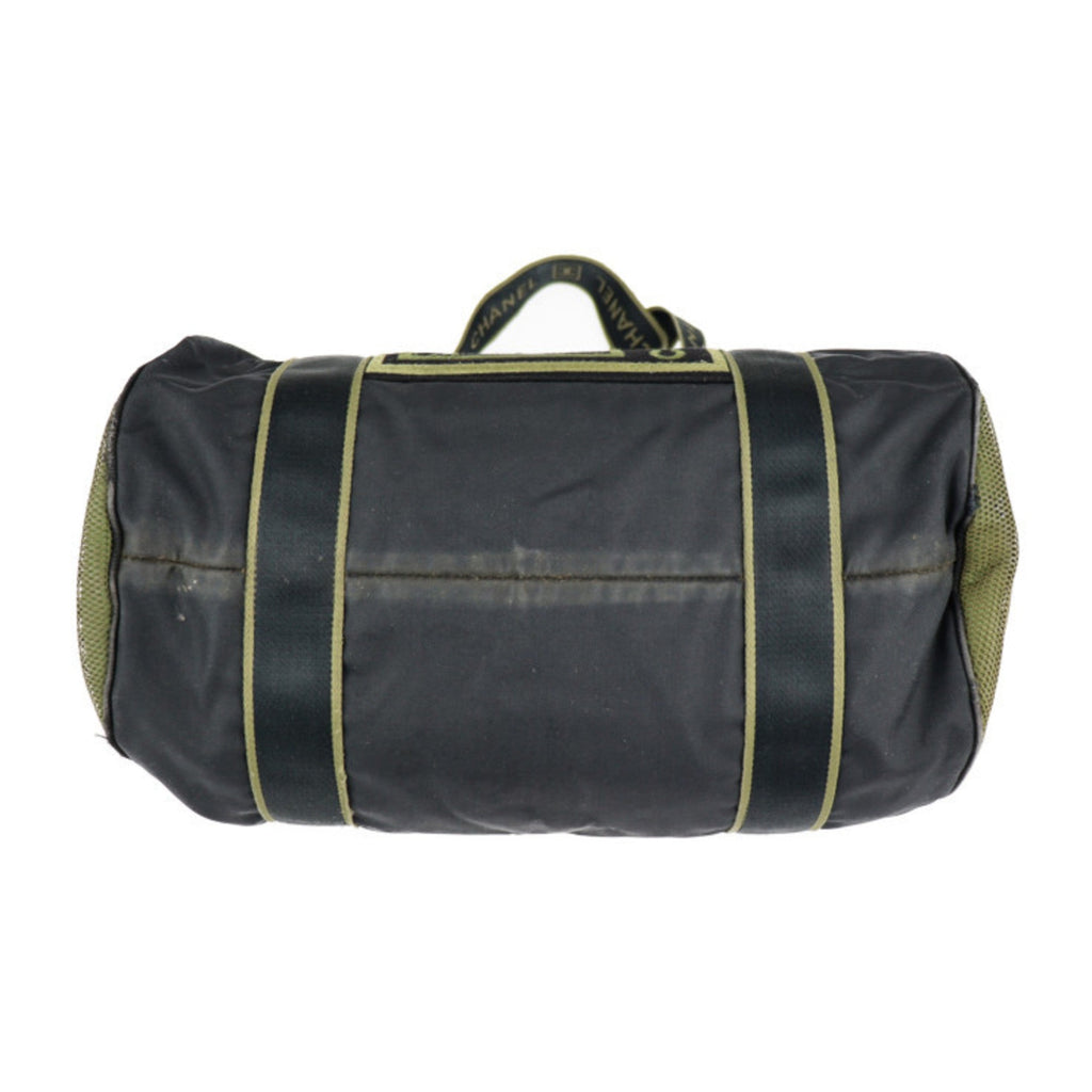 CHANEL Sport Line Boston Bag Nylon Canvas Black Khaki Green Shoulder Travel Cocomark 10 Series Round Cylindrical