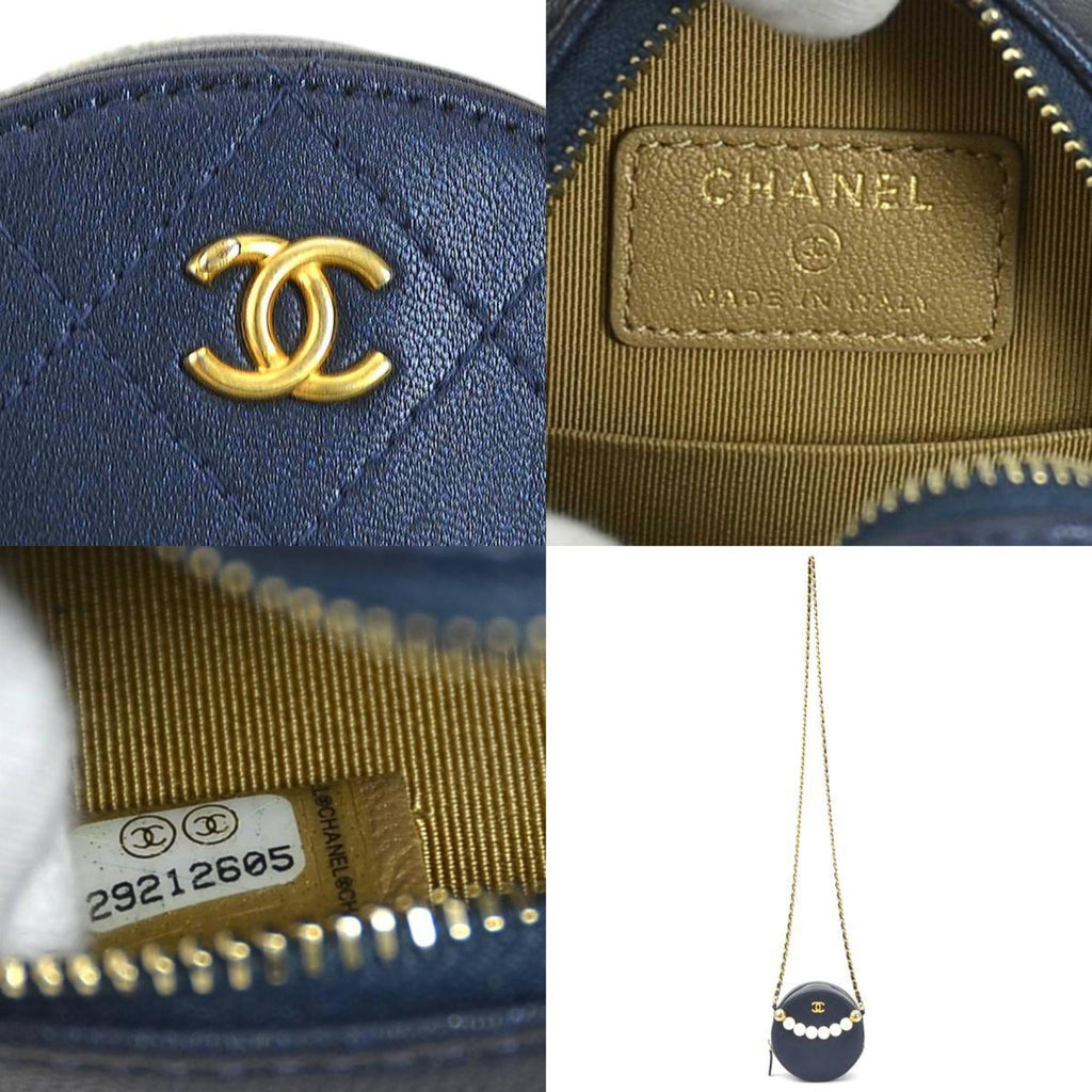 CHANEL Crossbody Shoulder Bag Pochette Coco Mark Leather/Metal/Fake Pearl Navy/Gold/Off-White Women's