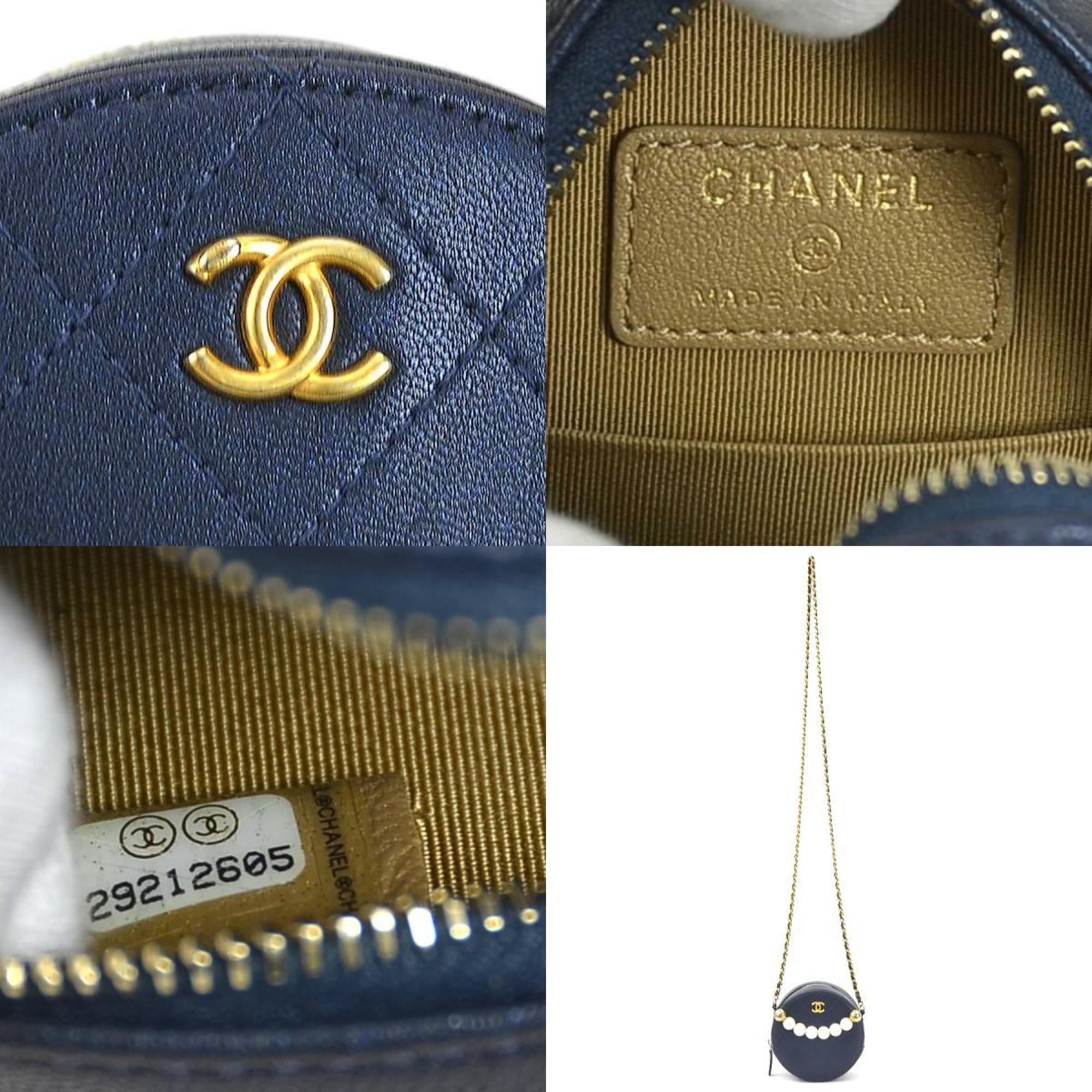 CHANEL Crossbody Shoulder Bag Pochette Coco Mark Leather/Metal/Fake Pearl Navy/Gold/Off-White Women's