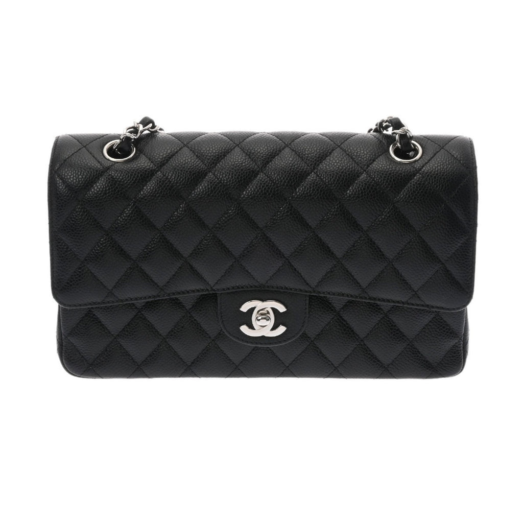 CHANEL matelasse W flap chain shoulder 25cm black A01112 ladies caviar skin bag