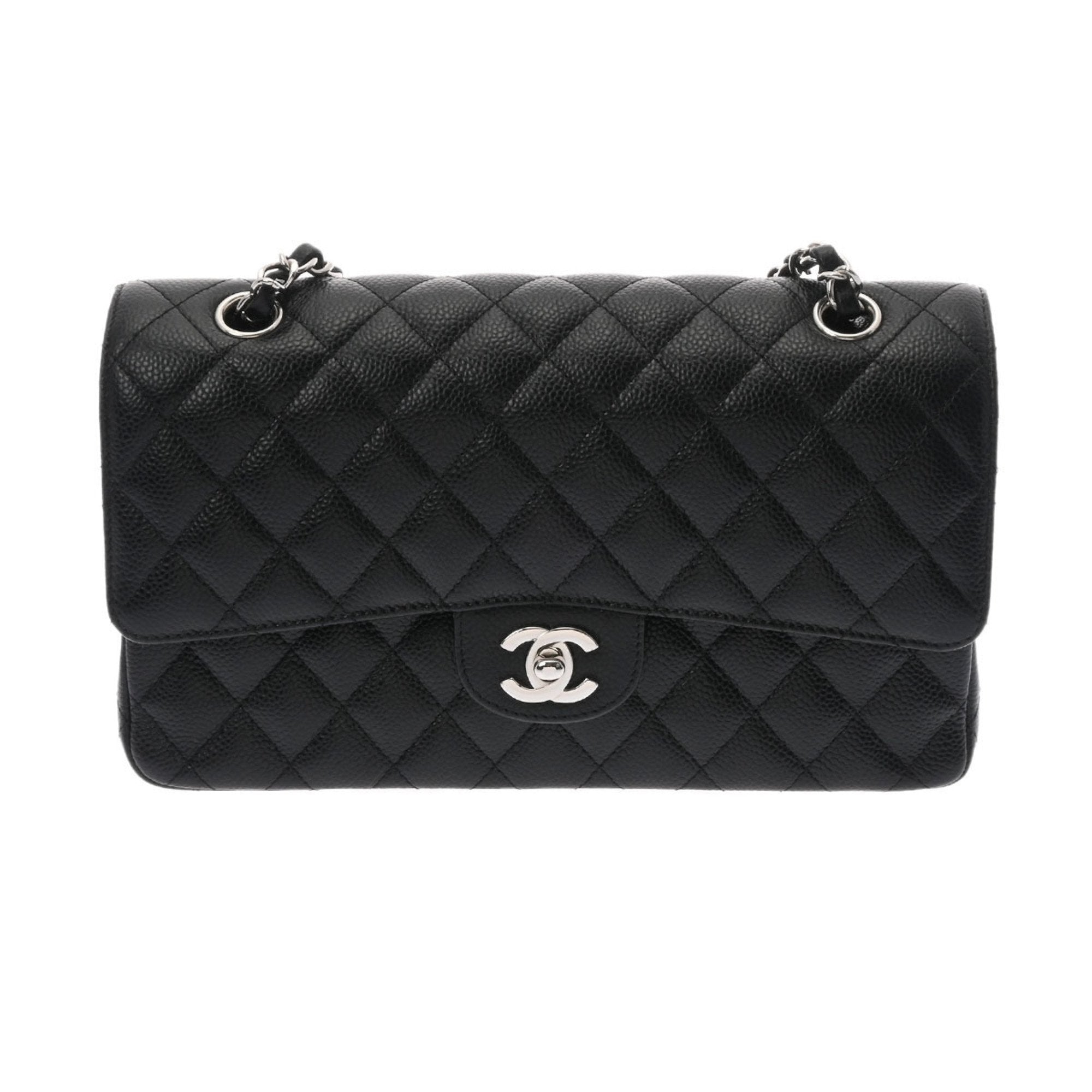 CHANEL matelasse W flap chain shoulder 25cm black A01112 ladies caviar skin bag