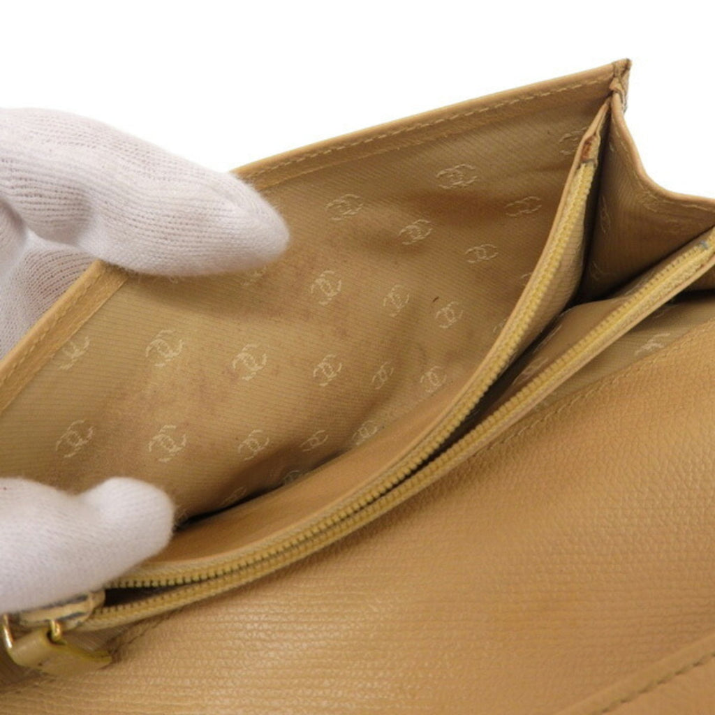 CHANEL Leather Coco Button Bifold Long Wallet Beige Ladies