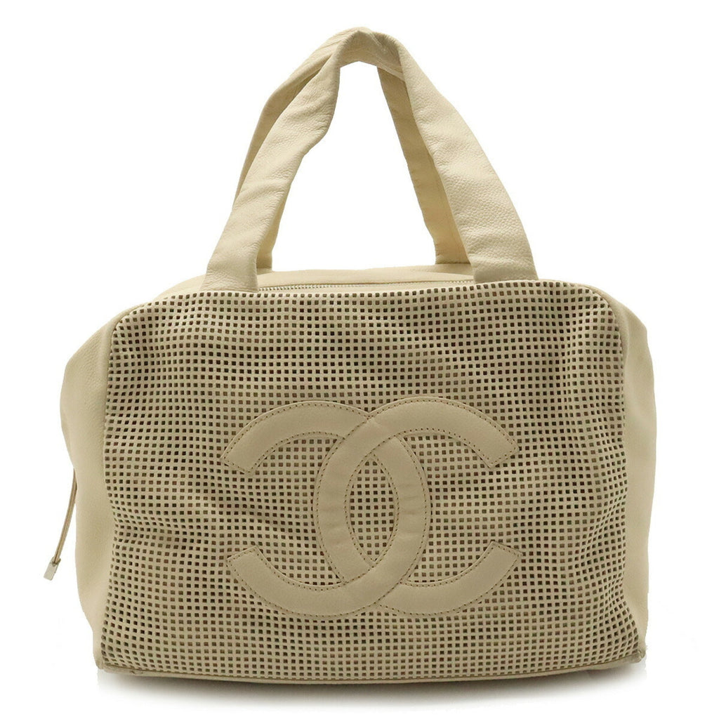 CHANEL Cocomark Handbag Boston Punching Mesh Leather Beige