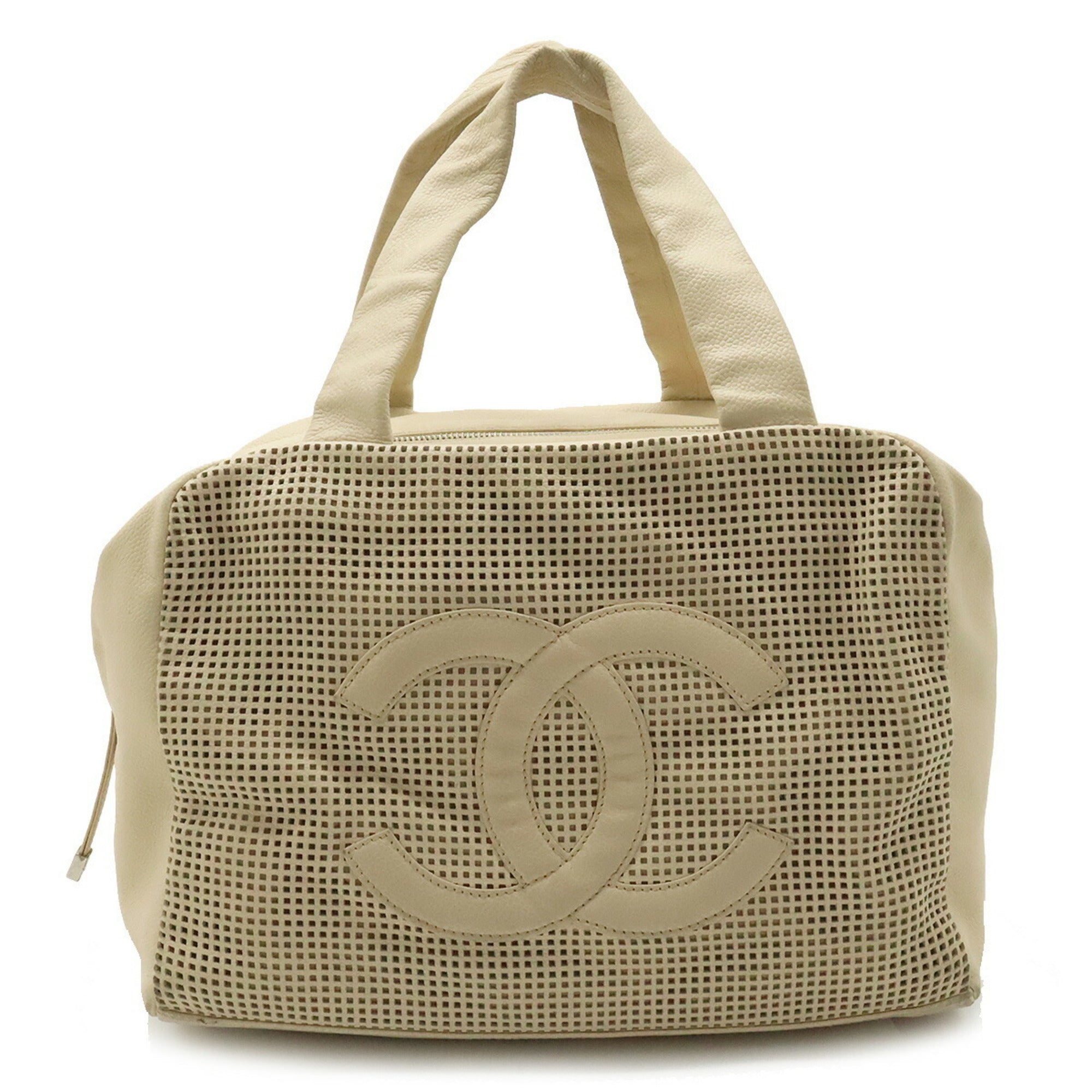 CHANEL Cocomark Handbag Boston Punching Mesh Leather Beige