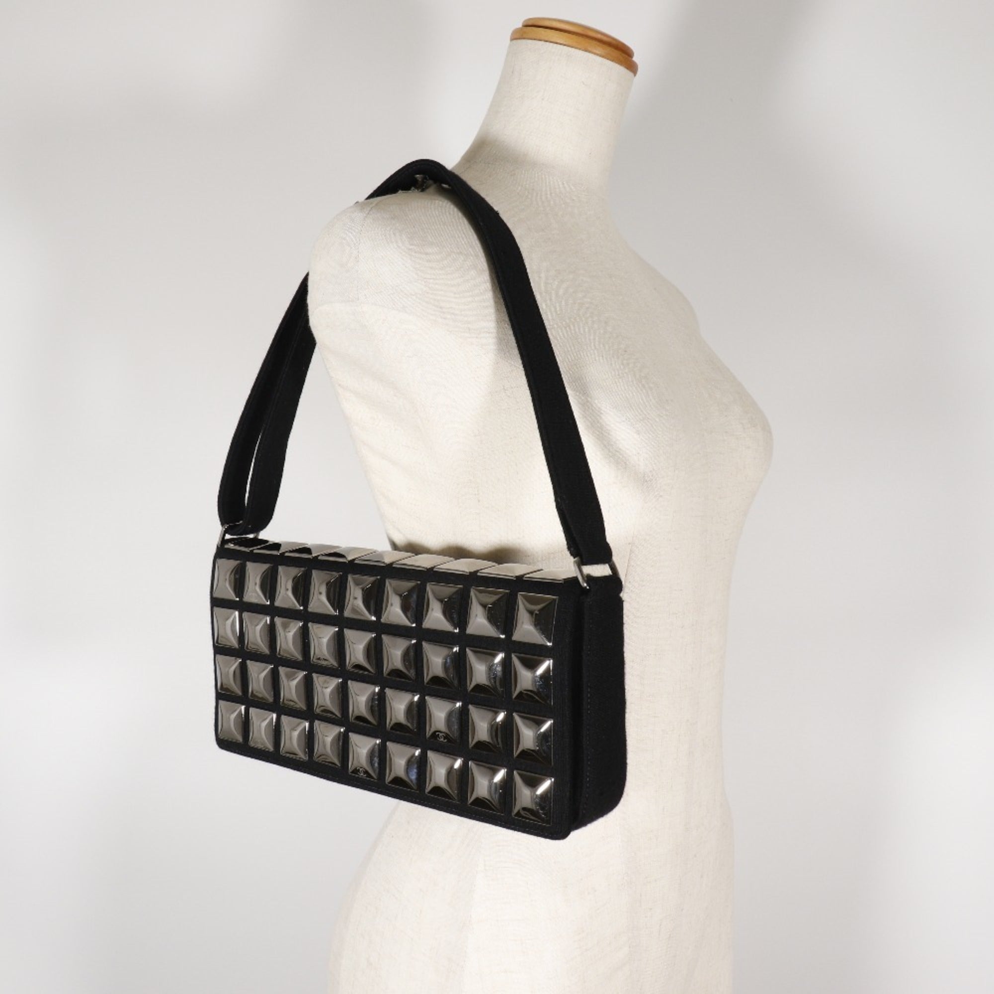 CHANEL ice cube shoulder bag chocolate bar cotton black ladies