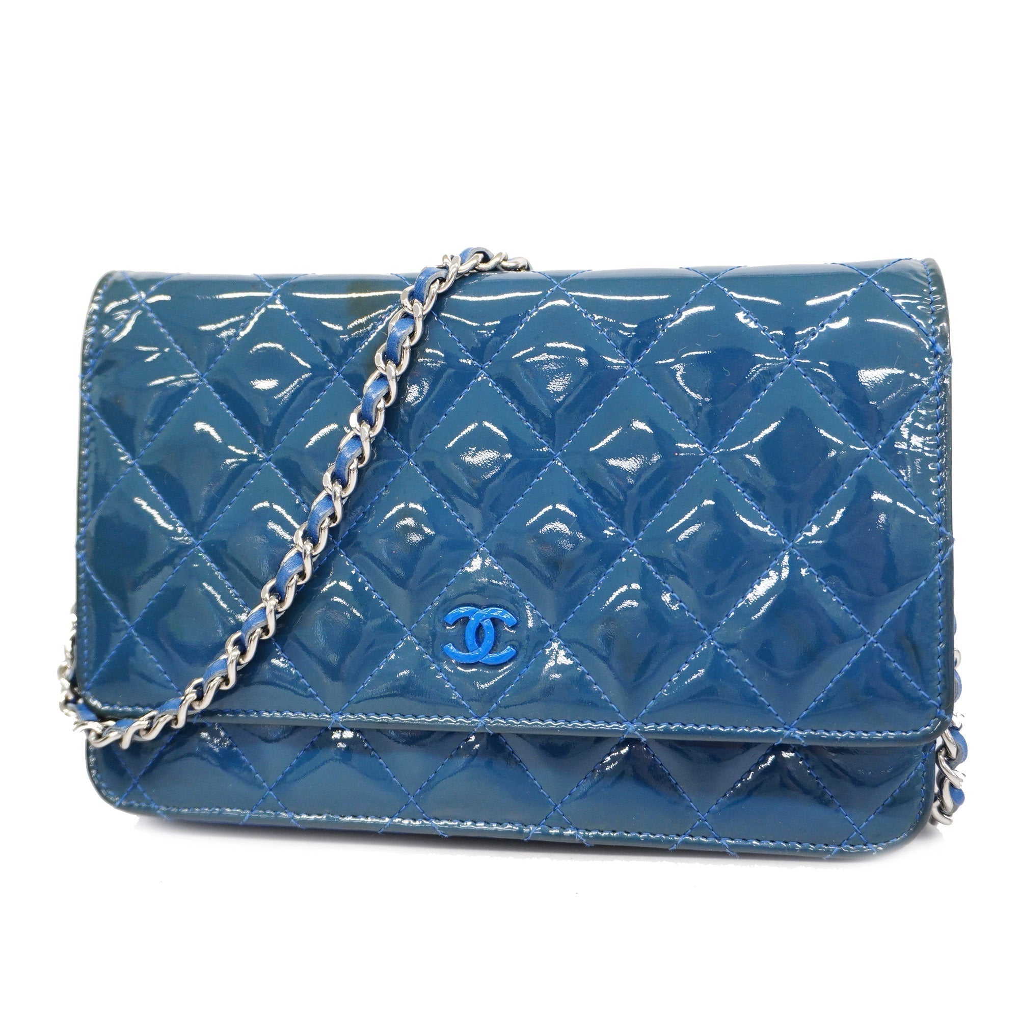 CHANELAuth  Matelasse Chain Shoulder Silver Metal Fittings Women's Wallet Blue