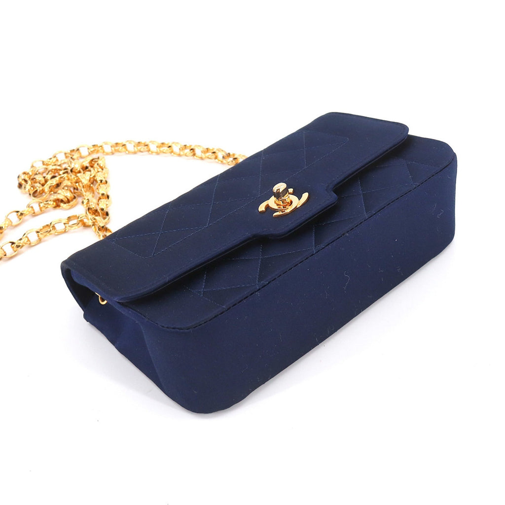 CHANEL Matelasse Bijou Chain Shoulder Bag Satin Navy Gold Hardware Vintage