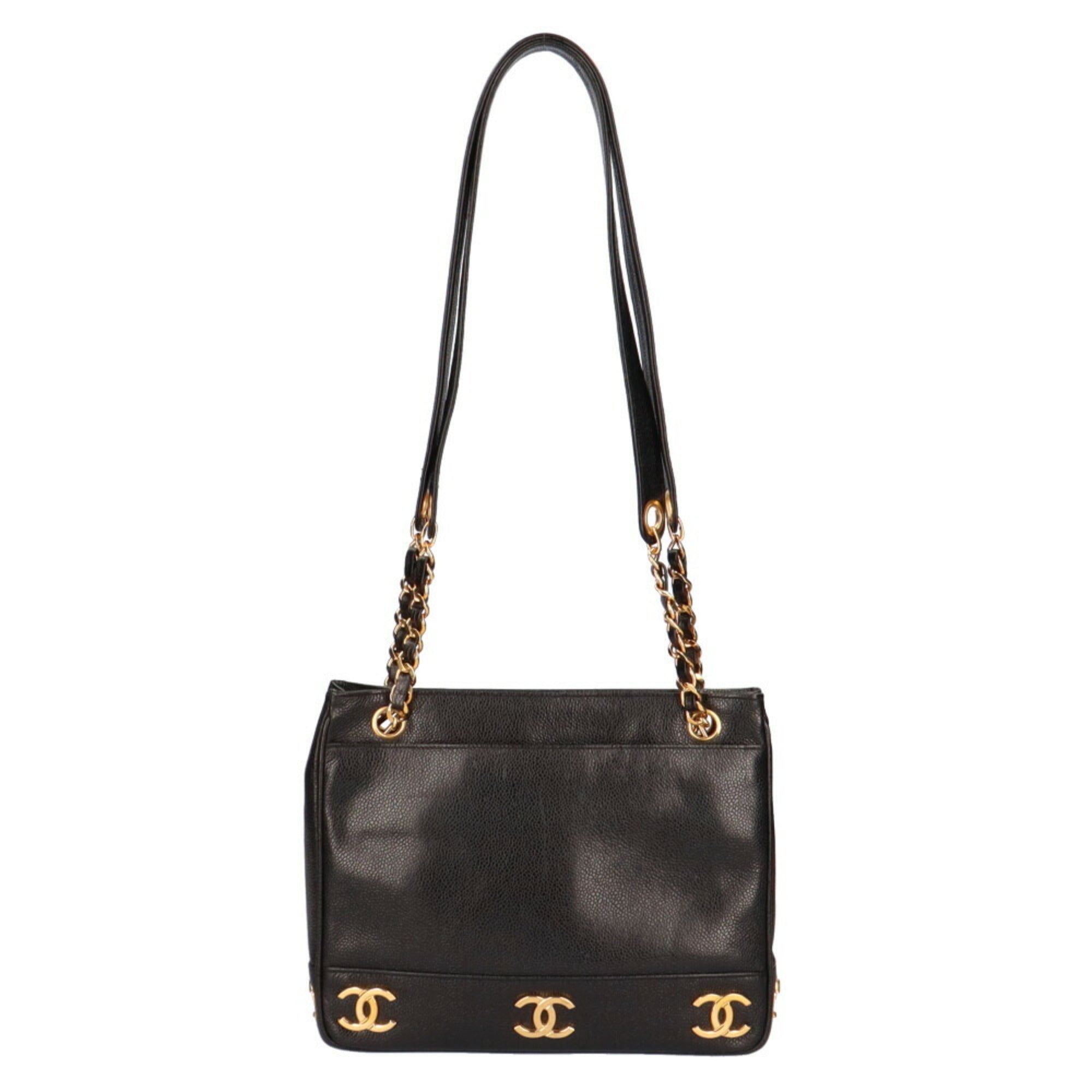 CHANEL Chain Triple Coco Shoulder Bag Caviar Skin Black Women's