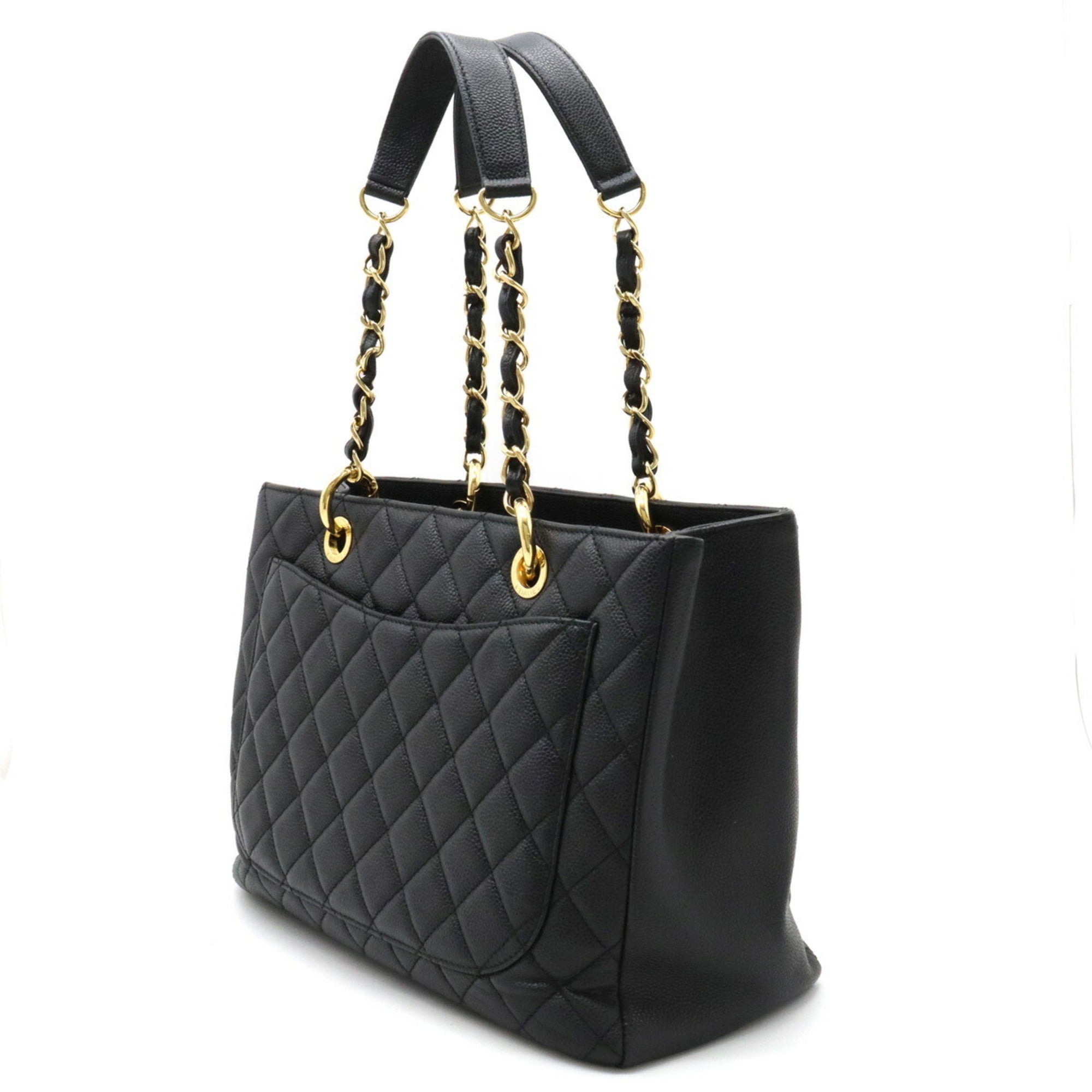 CHANEL Matelasse Coco Mark Chain Tote Bag Shoulder Caviar Skin Leather Black A50995