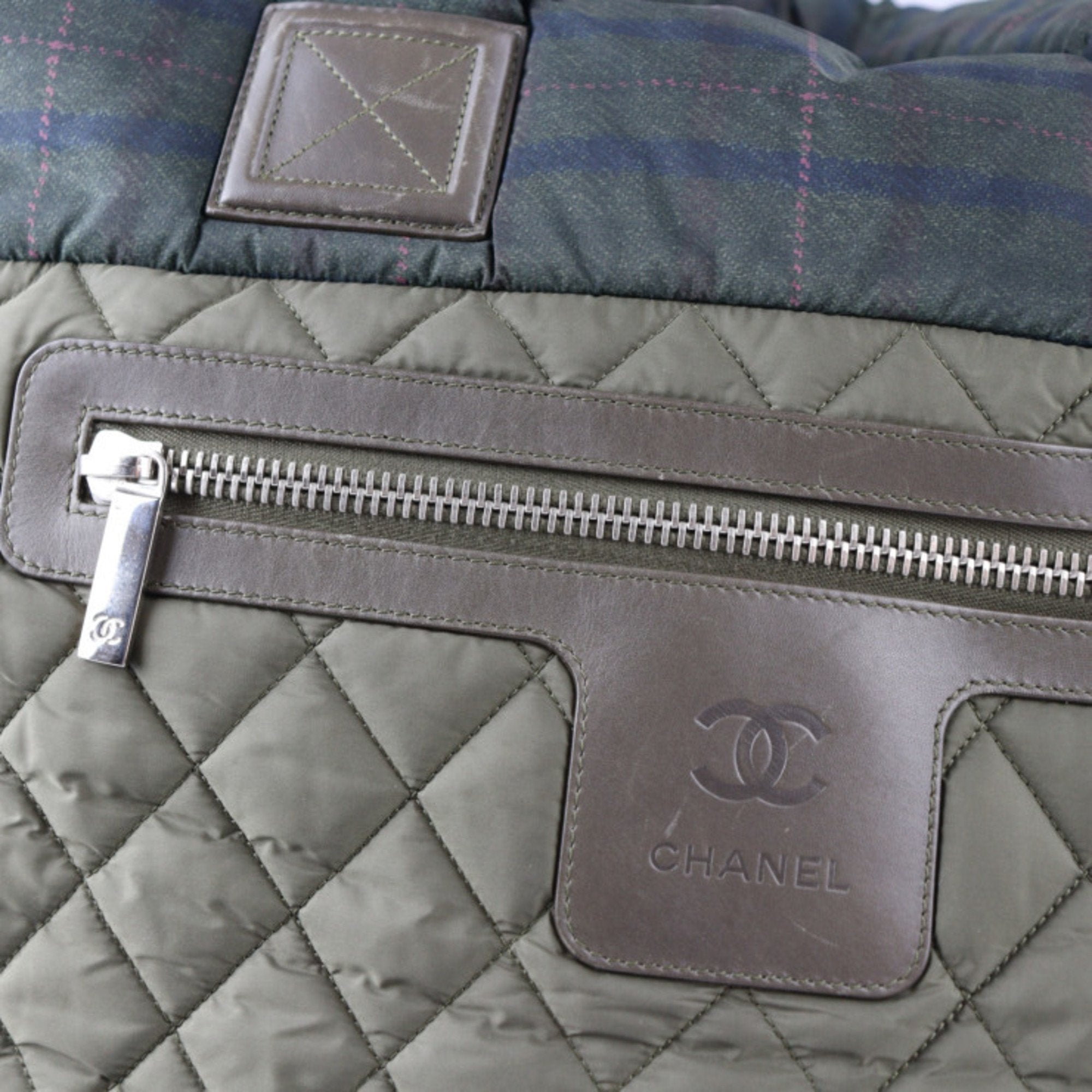 CHANEL Coco Coon Tote GM Bag A48611 Nylon Leather Olive Green Silver Hardware Handbag 18 Series