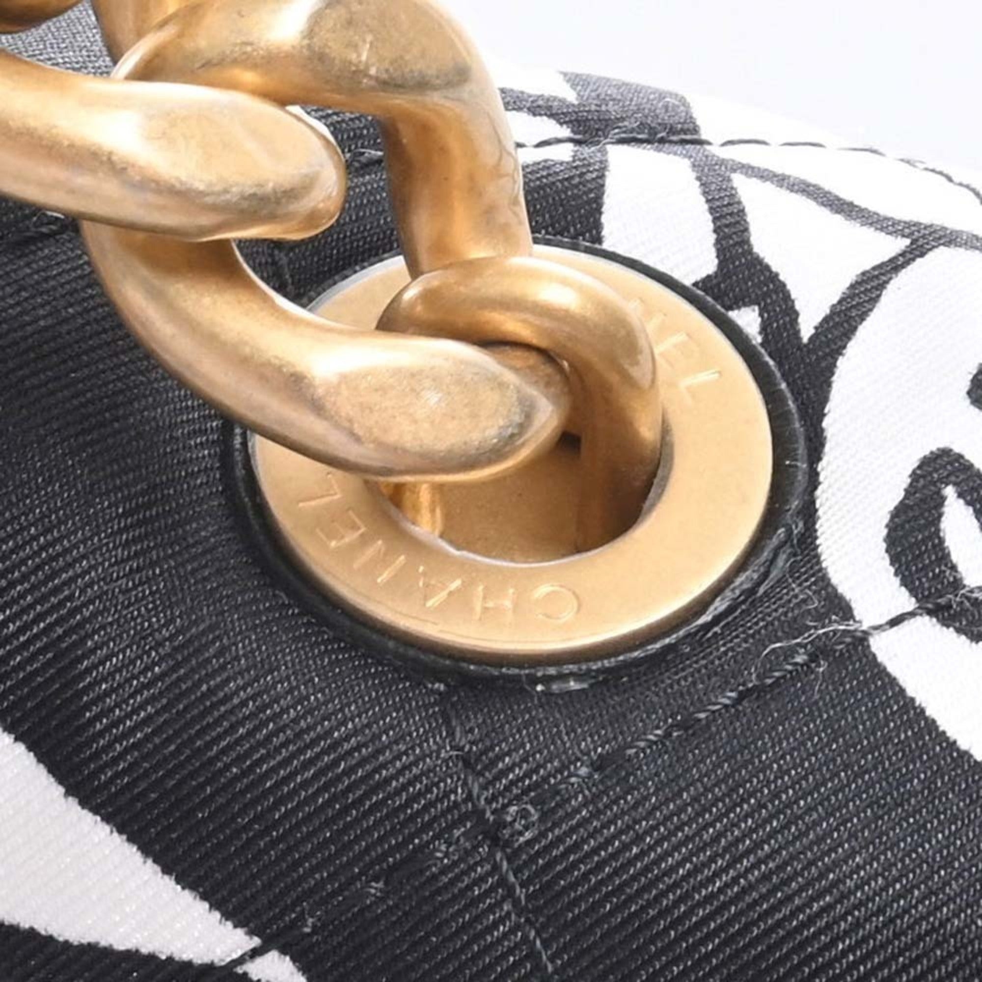 CHANEL Canvas Coco Mark Chain Handbag Black White Ladies