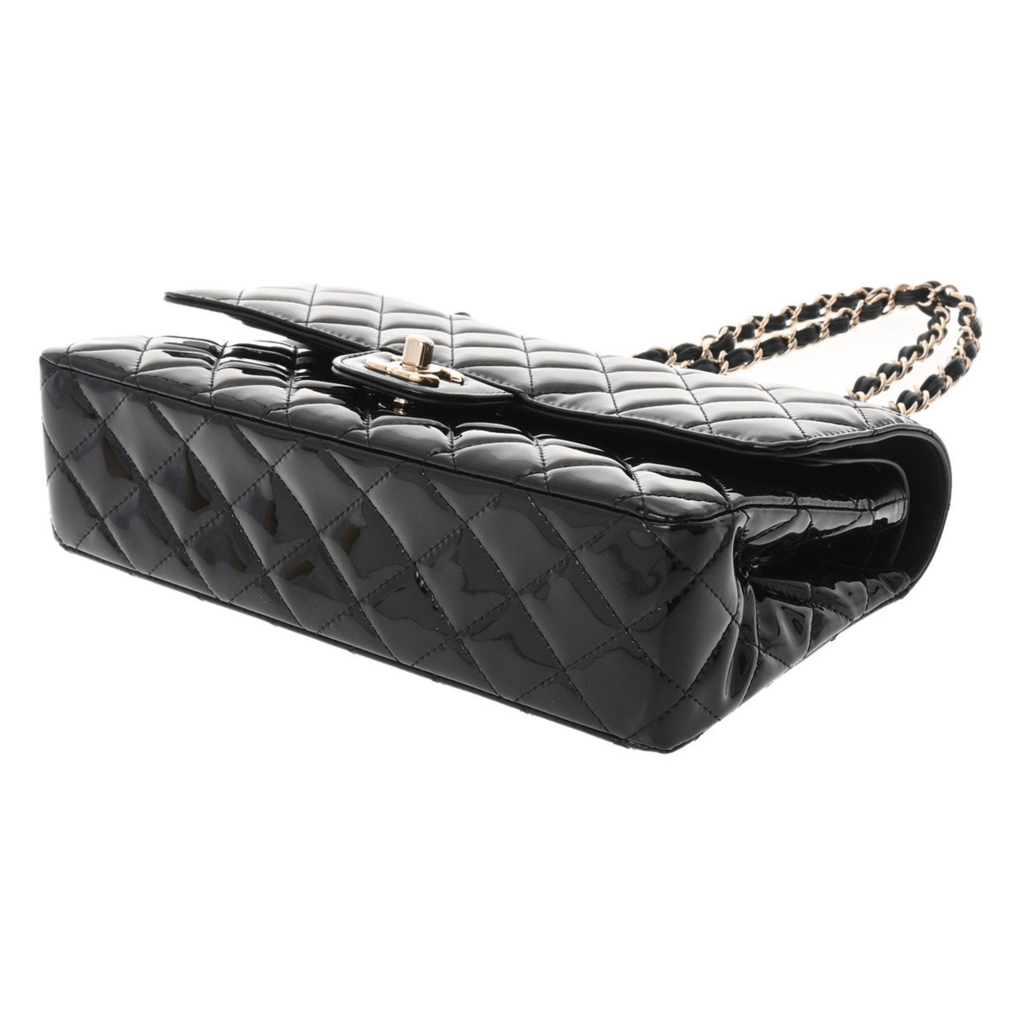 CHANEL matelasse W flap chain shoulder 25 black champagne ladies patent leather bag