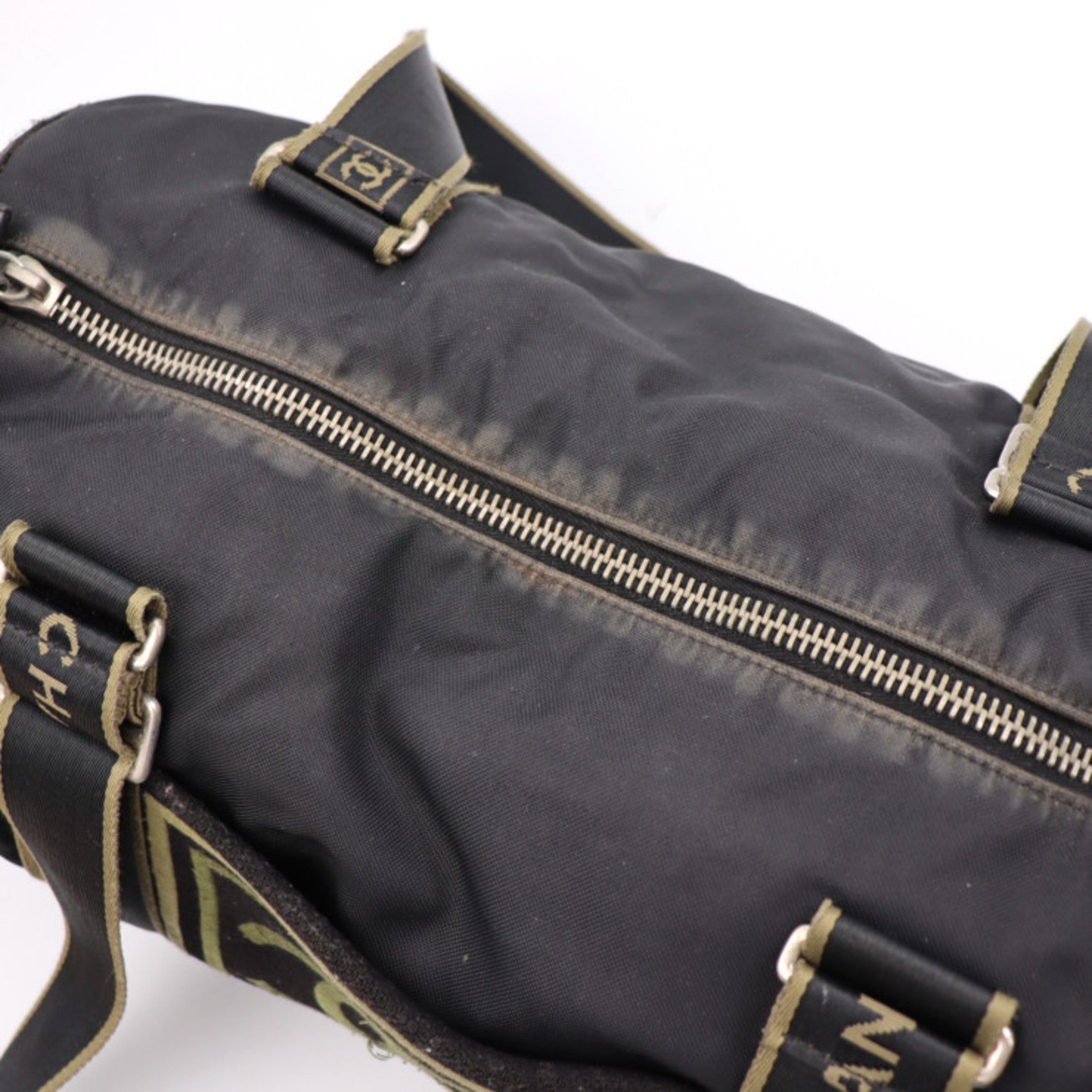 CHANEL Sport Line Boston Bag Nylon Canvas Black Khaki Green Shoulder Travel Cocomark 10 Series Round Cylindrical