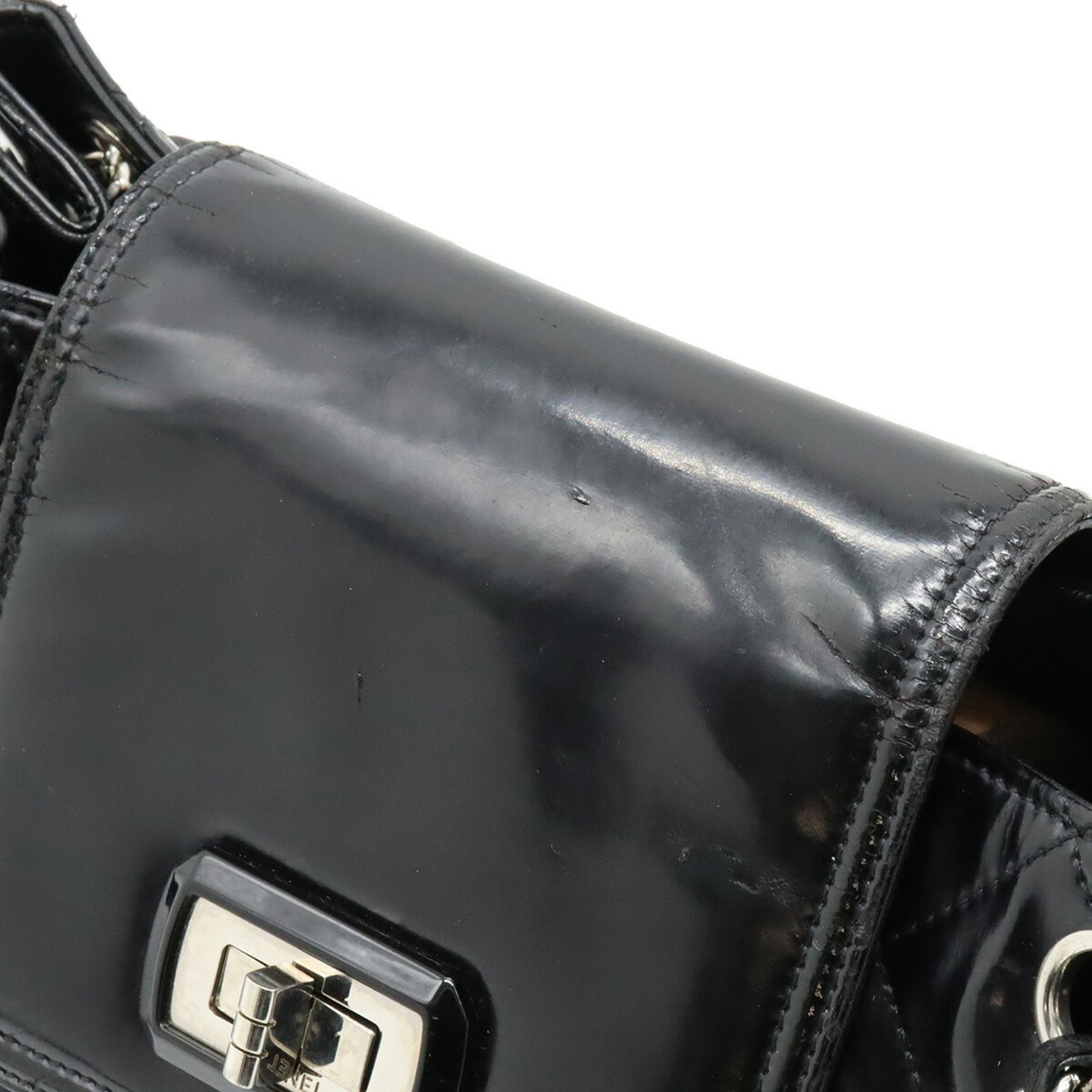 CHANEL 2.55 Matelasse W Chain Bag Shoulder Patent Leather Black