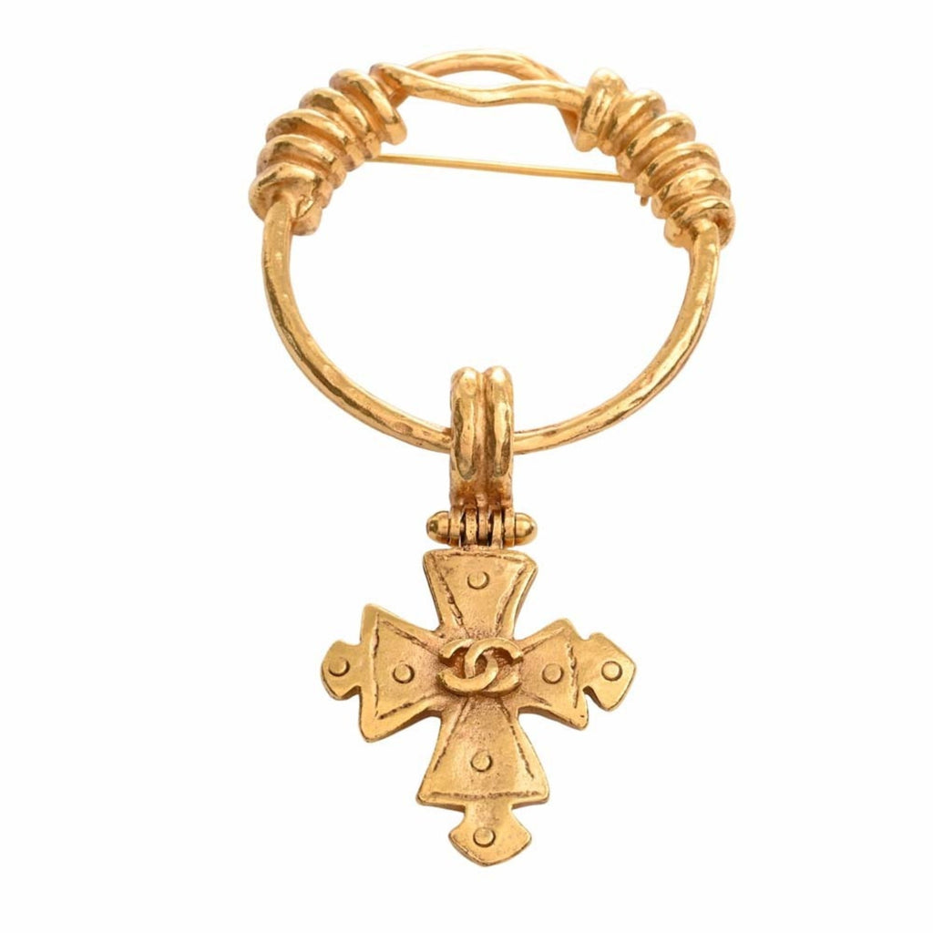 CHANEL Cross Motif Coco Mark Brooch Gold Ladies