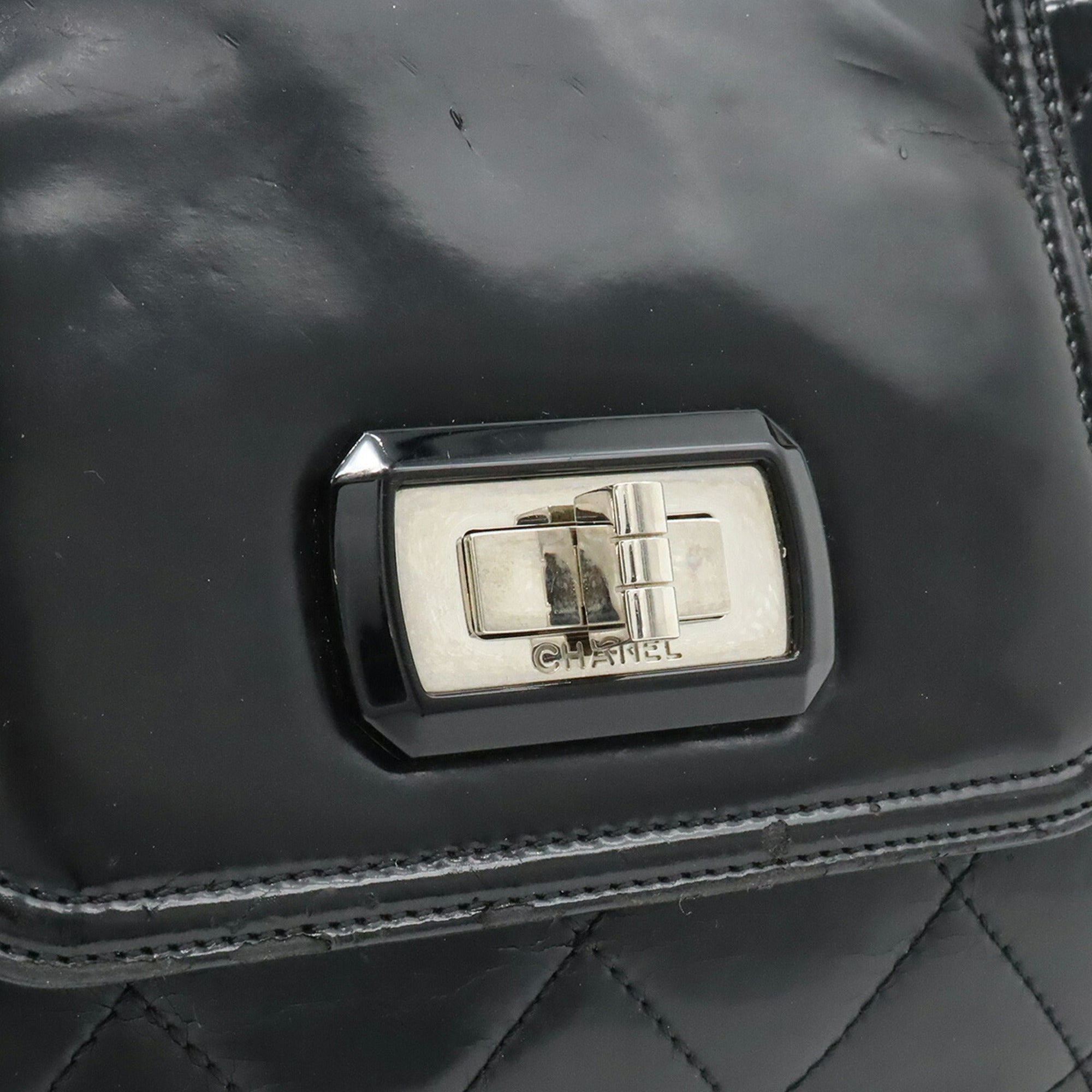 CHANEL 2.55 Matelasse W Chain Bag Shoulder Patent Leather Black