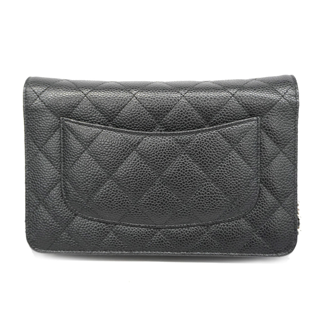 CHANELAuth  Matelasse Silver Hardware Caviar Leather Chain/Shoulder Wallet Black