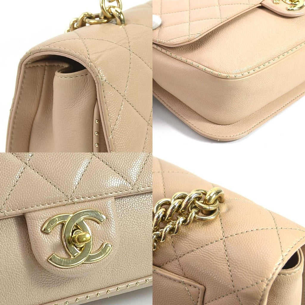 CHANEL Diagonal Shoulder Bag Cocomark Matrasse Caviar Skin Leather Beige Gold Unisex 99540a