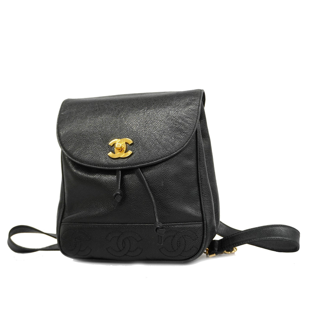 CHANELAuth  Triple Coco Women's Leather Backpack Black