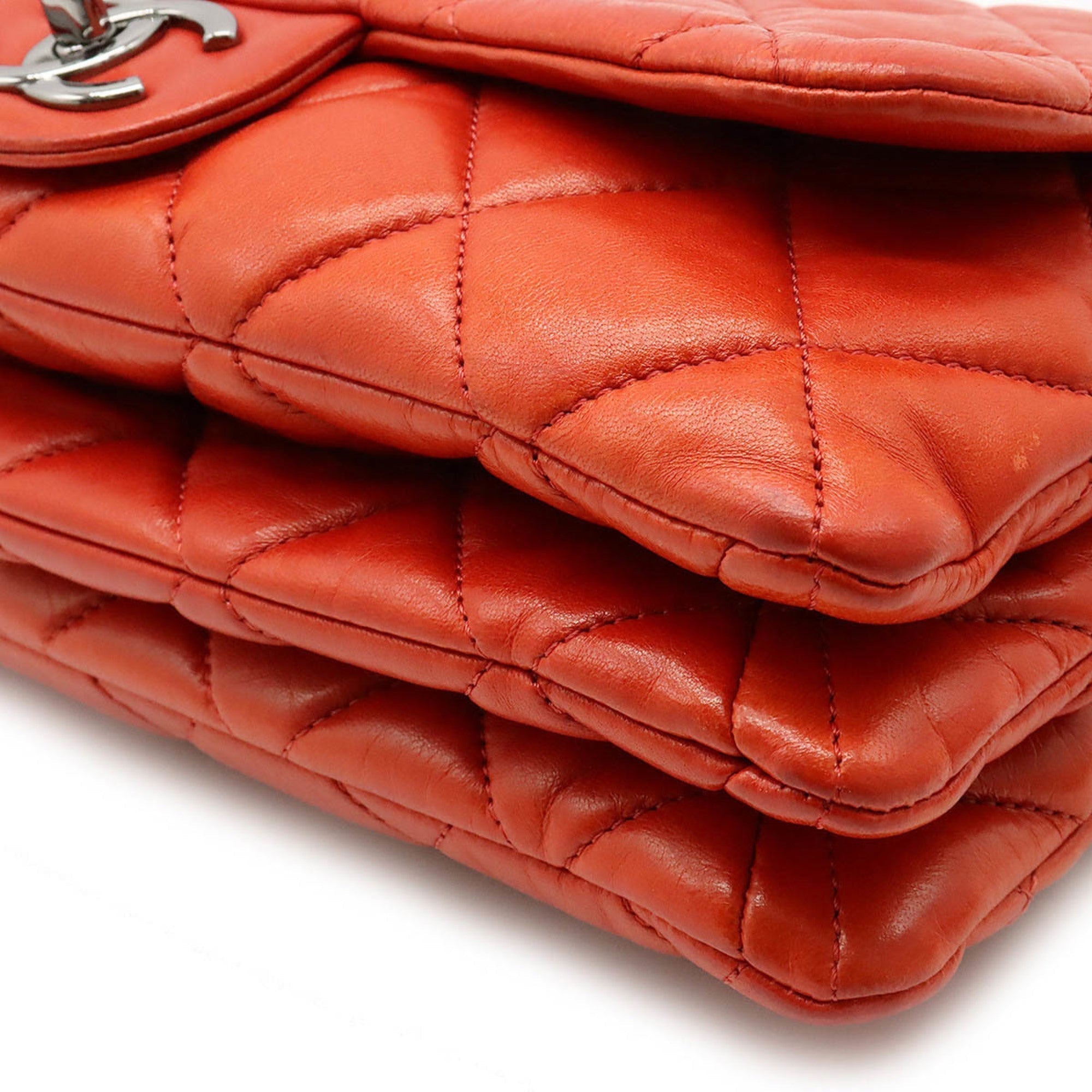 CHANEL matelasse here mark chain shoulder bag accordion leather blood orange