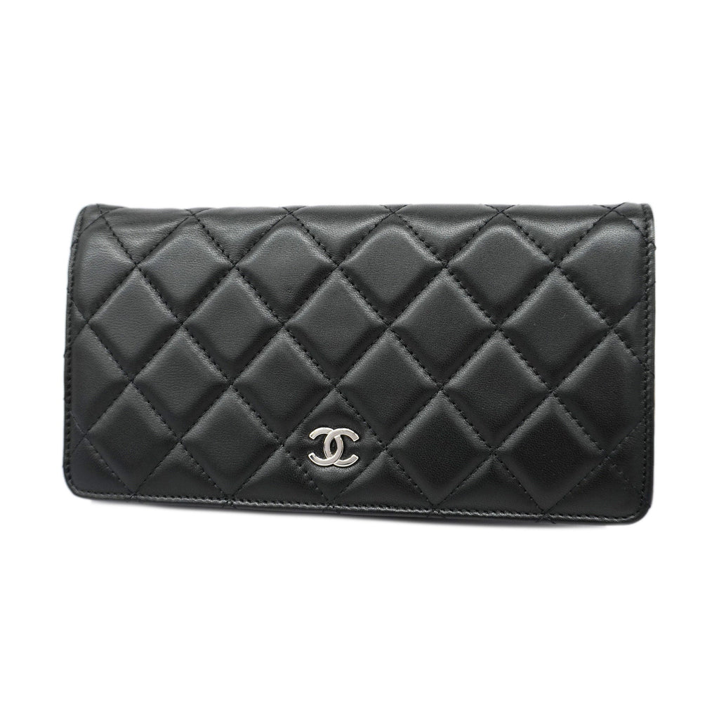 CHANELAuth  Matelasse Silver Metal Fittings Women's Lambskin Long Wallet Black