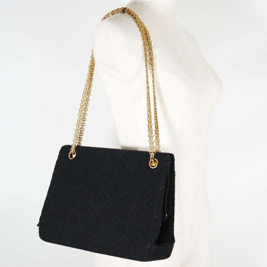 CHANEL Chainback Shoulder Bag Matelasse Tweed x Gold Plated Black Ladies