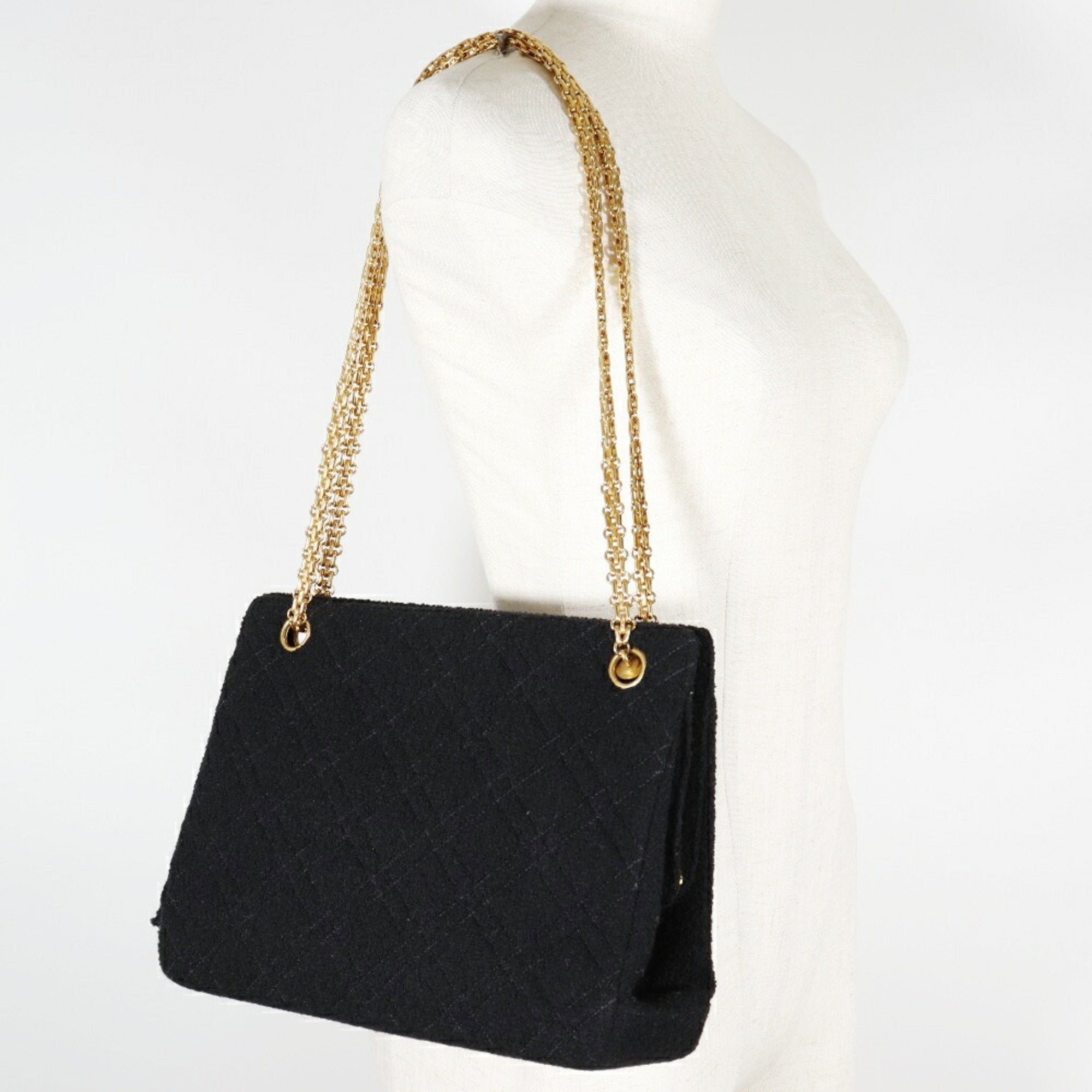 CHANEL Chainback Shoulder Bag Matelasse Tweed x Gold Plated Black Ladies